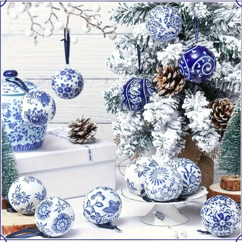 Porcelain Christmas Decor Set of 12 Blue and White Ornaments by House Of Avana