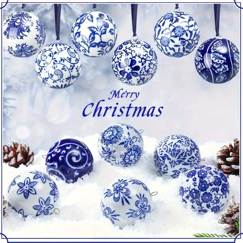 Porcelain Christmas Decor Set of 12 Blue and White Ornaments by House Of Avana