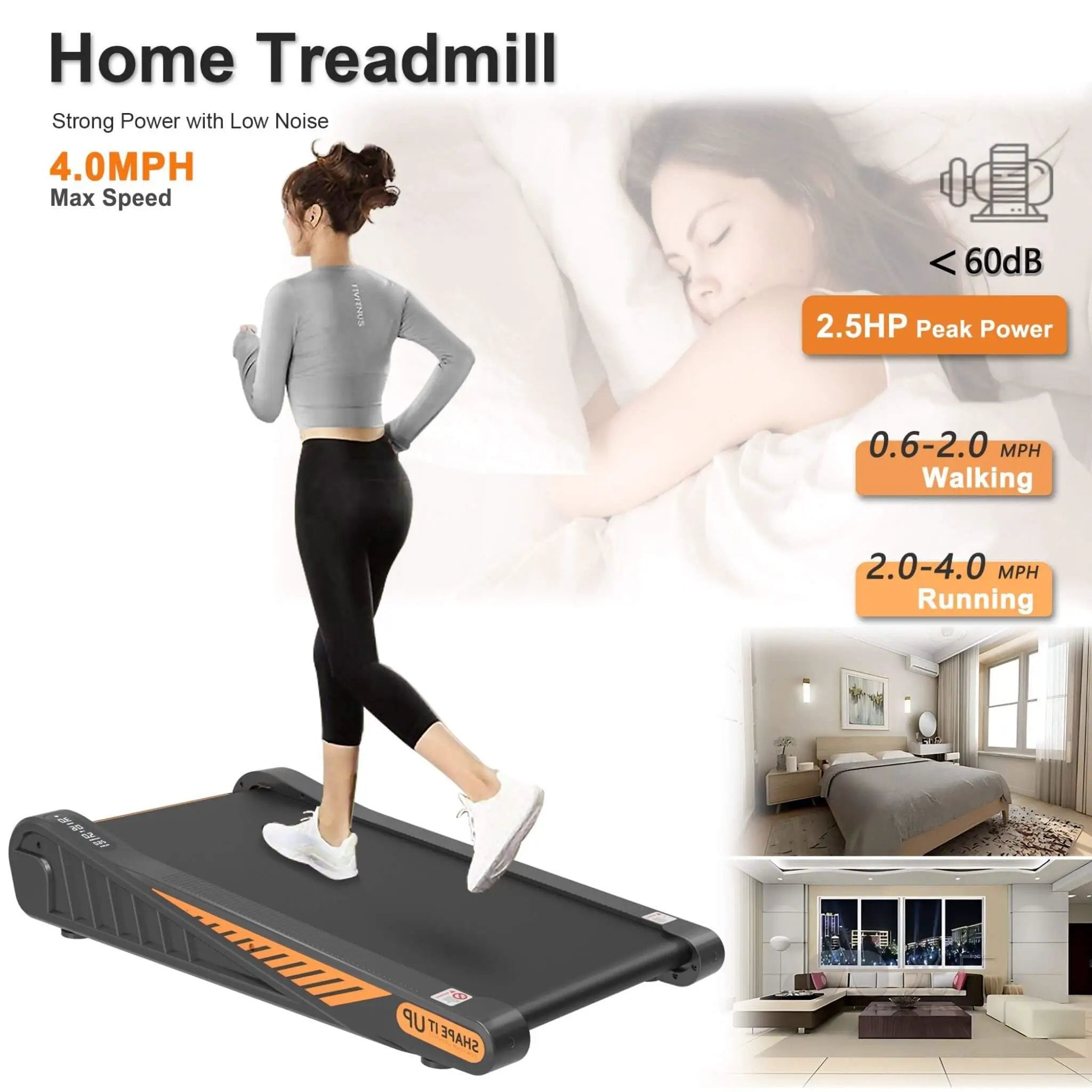 Rovix Portable Compact 2HP Under Desk Treadmill With Safety Key And Wheels for Home And Office Workouts (SAK72810) by SAKSBY WHOLESALE
