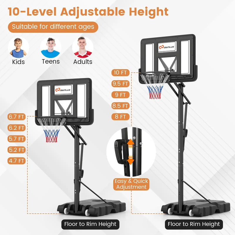 Portable Basketball Hoop with 4.6 to 10 Feet 10-Level Height Adjustable by DirectDeals