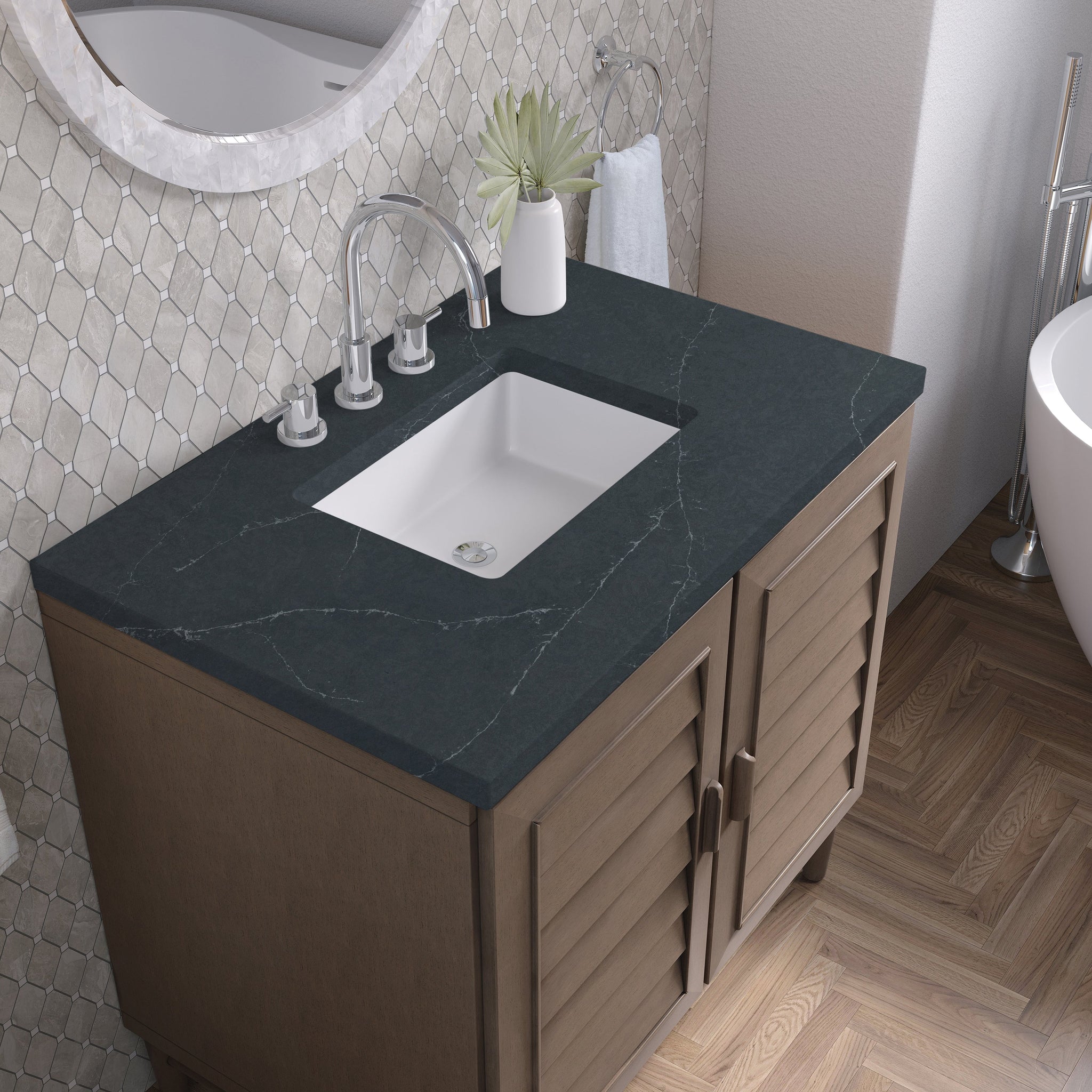 James Martin Portland 36" Single Bathroom Vanity, Whitewashed Walnut with Charcoal Soapstone countertop