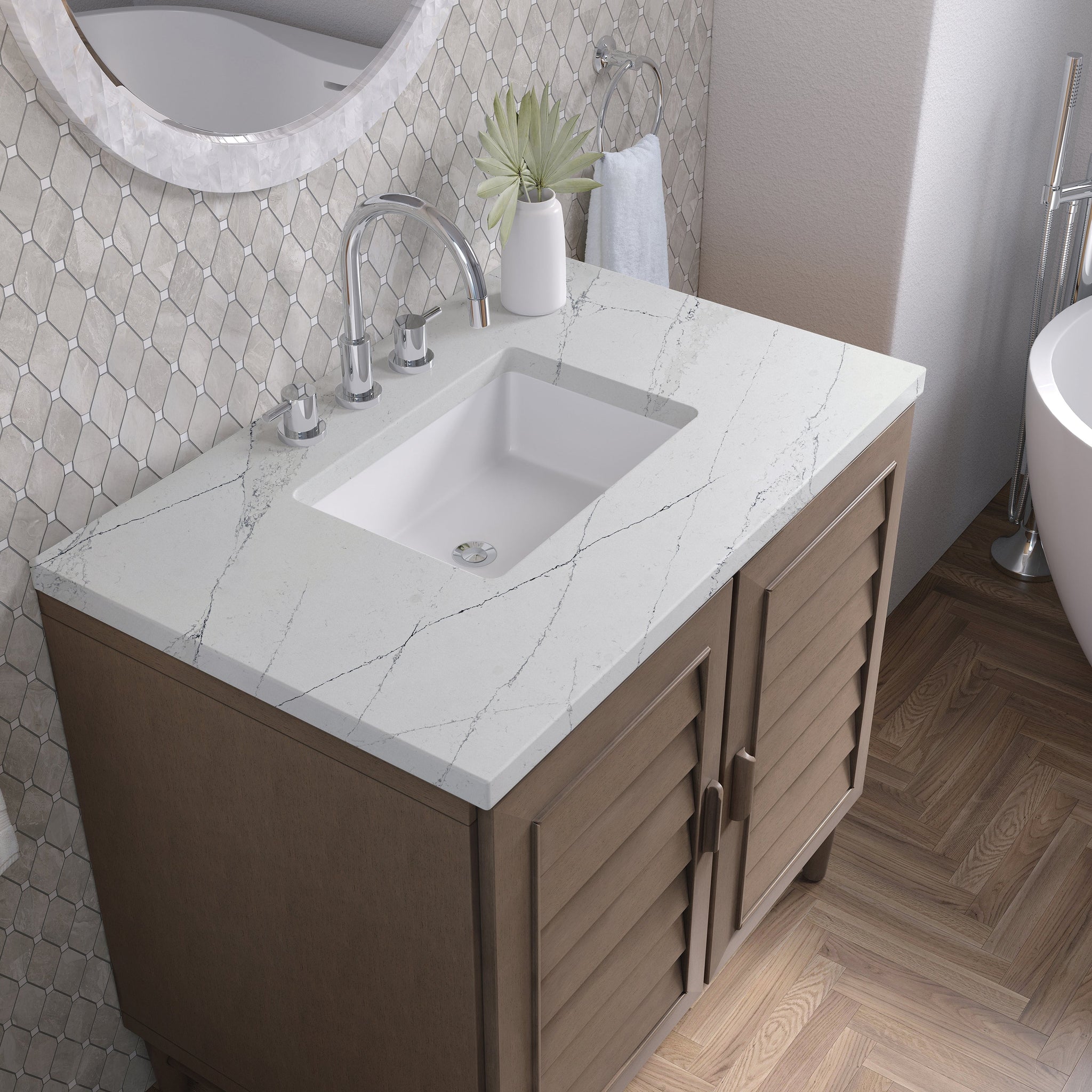 James Martin Portland 36" Single Bathroom Vanity, Whitewashed Walnut with Ethereal Noctis countertop