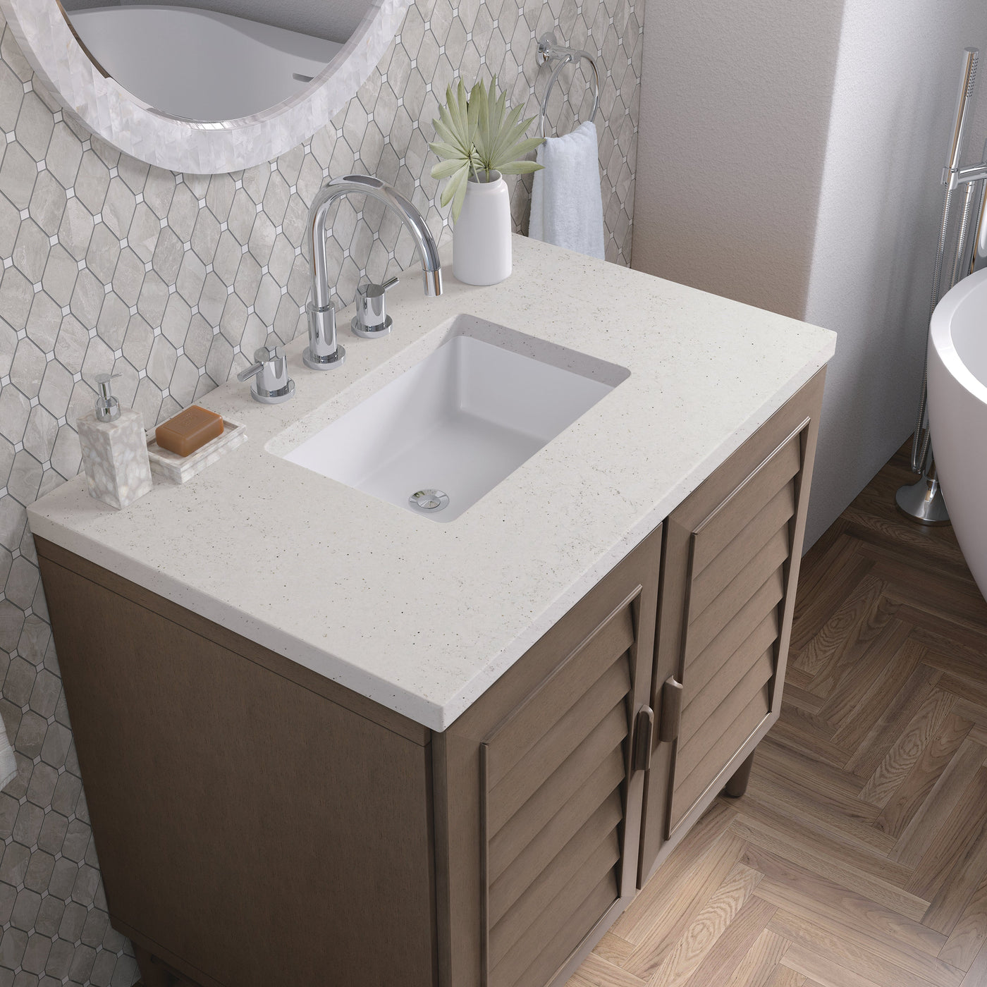James Martin Portland 36" Single Bathroom Vanity, Whitewashed Walnut with Lime Delight countertop