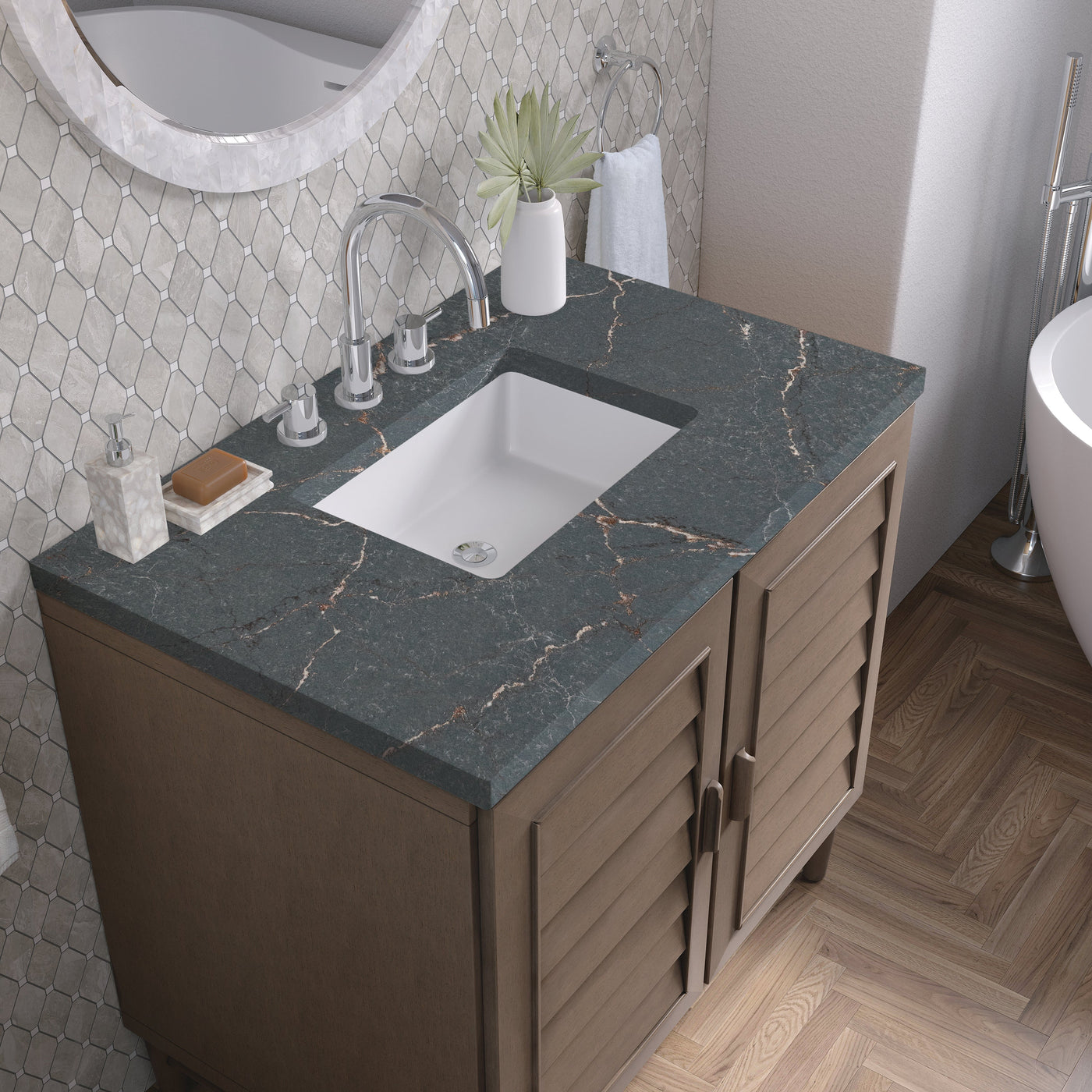 James Martin Portland 36" Single Bathroom Vanity, Whitewashed Walnut with Parisien Bleu countertop