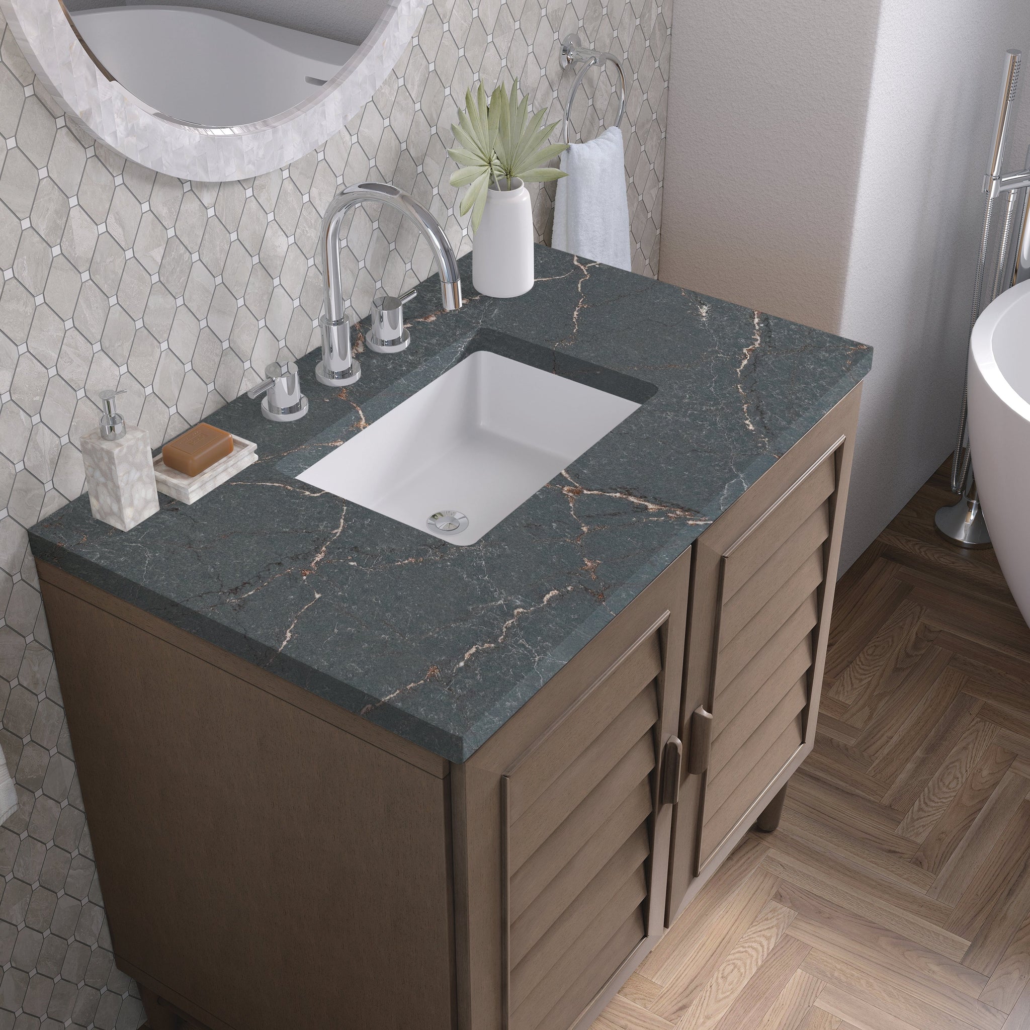 James Martin Portland 36" Single Bathroom Vanity, Whitewashed Walnut with Parisien Bleu countertop