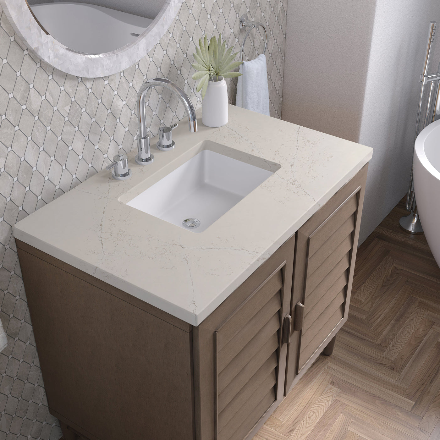 James Martin Portland 36" Single Bathroom Vanity, Whitewashed Walnut with Siberian countertop