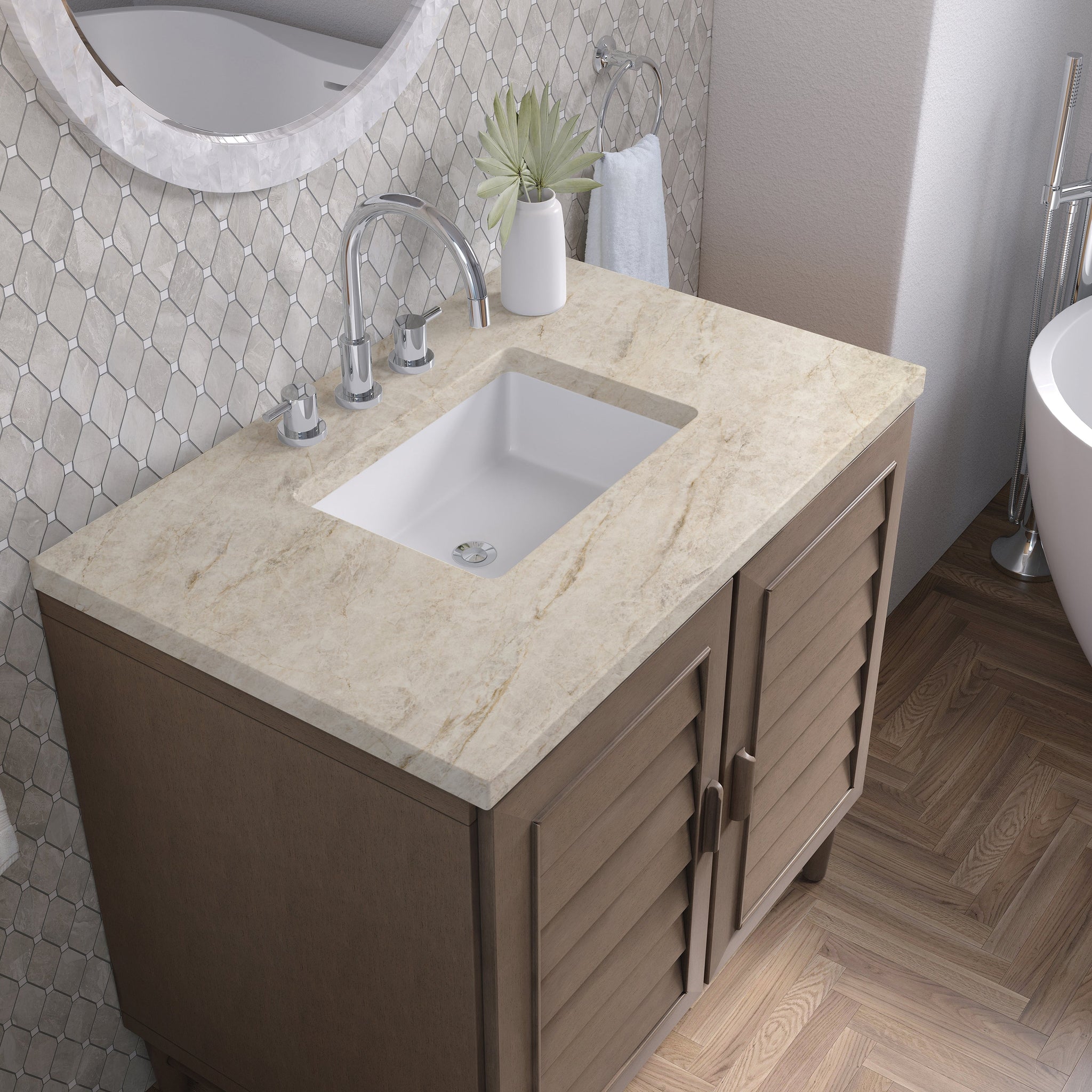 James Martin Portland 36" Single Bathroom Vanity, Whitewashed Walnut with Tajnar countertop