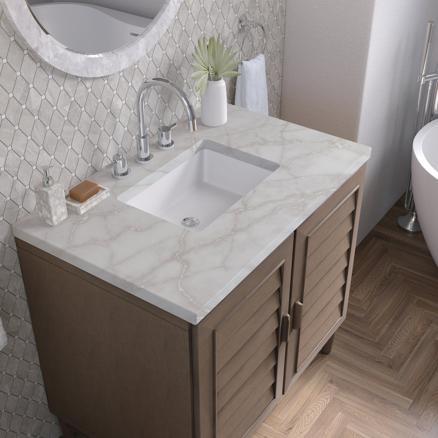 James Martin Portland 36" Single Bathroom Vanity, Whitewashed Walnut with Victorian Silver countertop