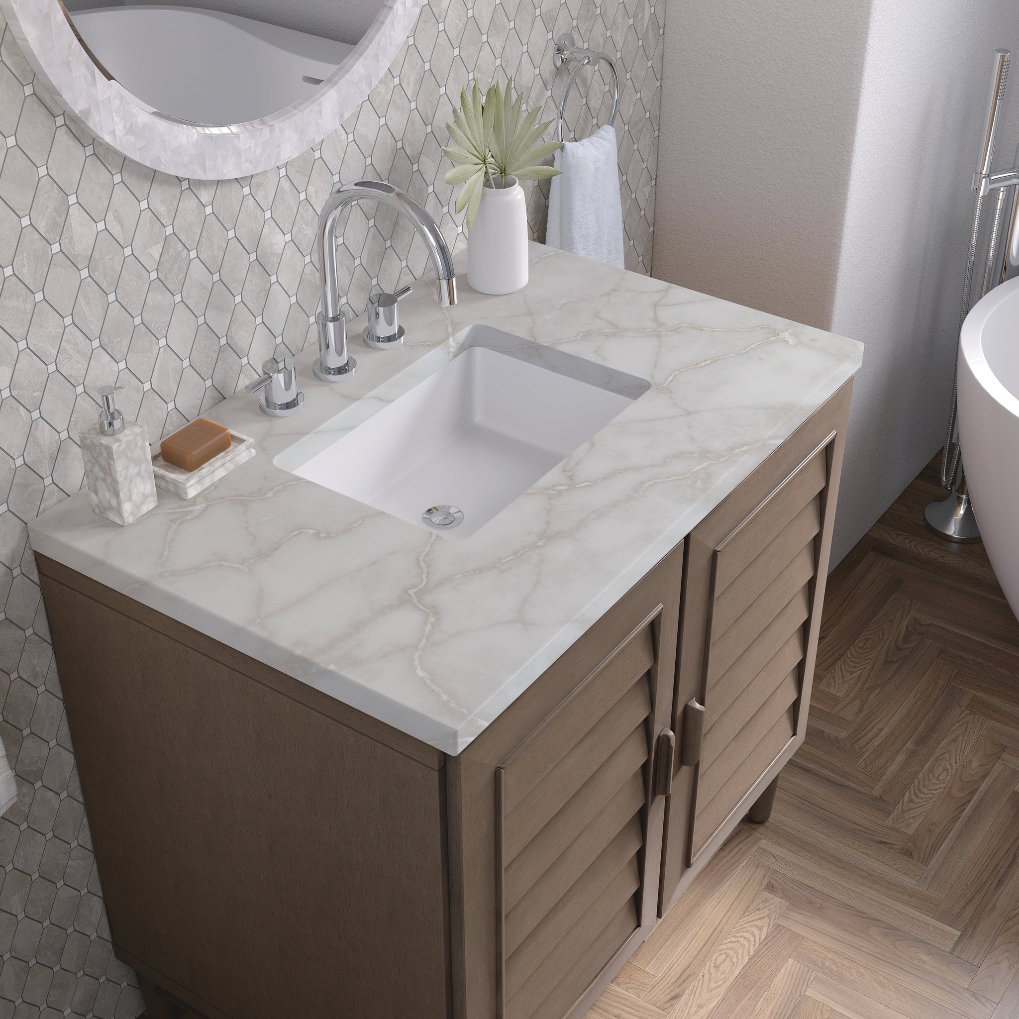 James Martin Portland 36" Single Bathroom Vanity, Whitewashed Walnut with Victorian Silver countertop