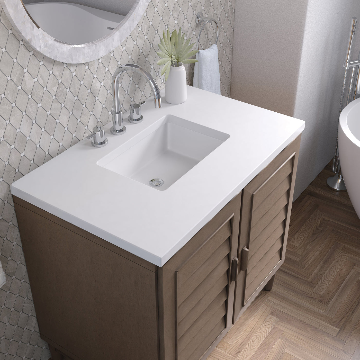 James Martin Portland 36" Single Bathroom Vanity, Whitewashed Walnut with White Zeus countertop