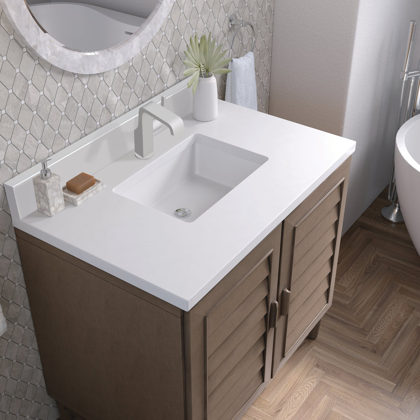 James Martin Portland 36" Single Bathroom Vanity, Whitewashed Walnut with White Zeus (Single Hole, with Backsplash) countertop