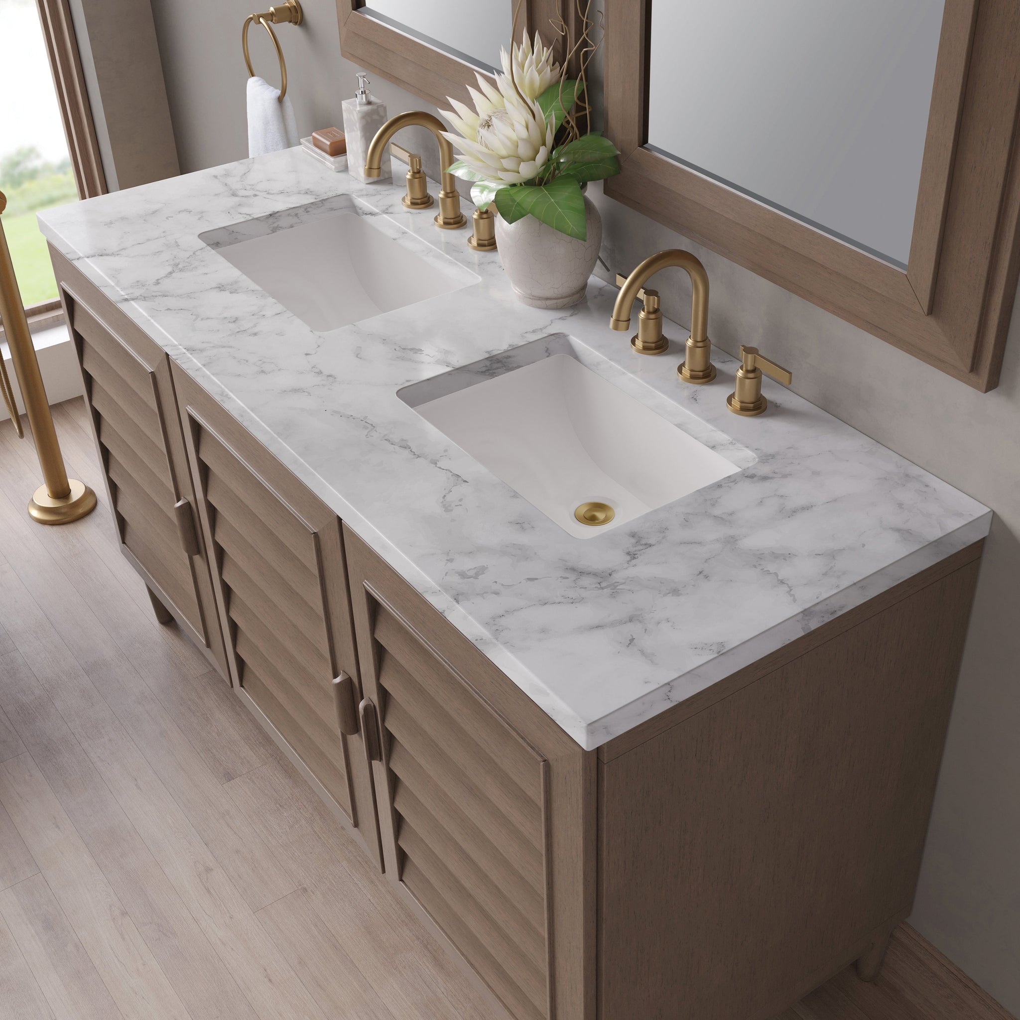 James Martin Portland 60" Double Bathroom Vanity, Whitewashed Walnut with Carrara White countertop