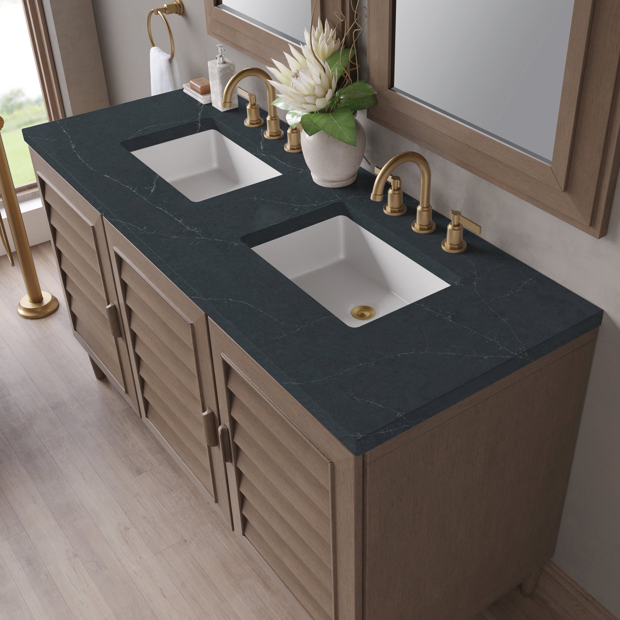James Martin Portland 60" Double Bathroom Vanity, Whitewashed Walnut with Charcoal Soapstone countertop