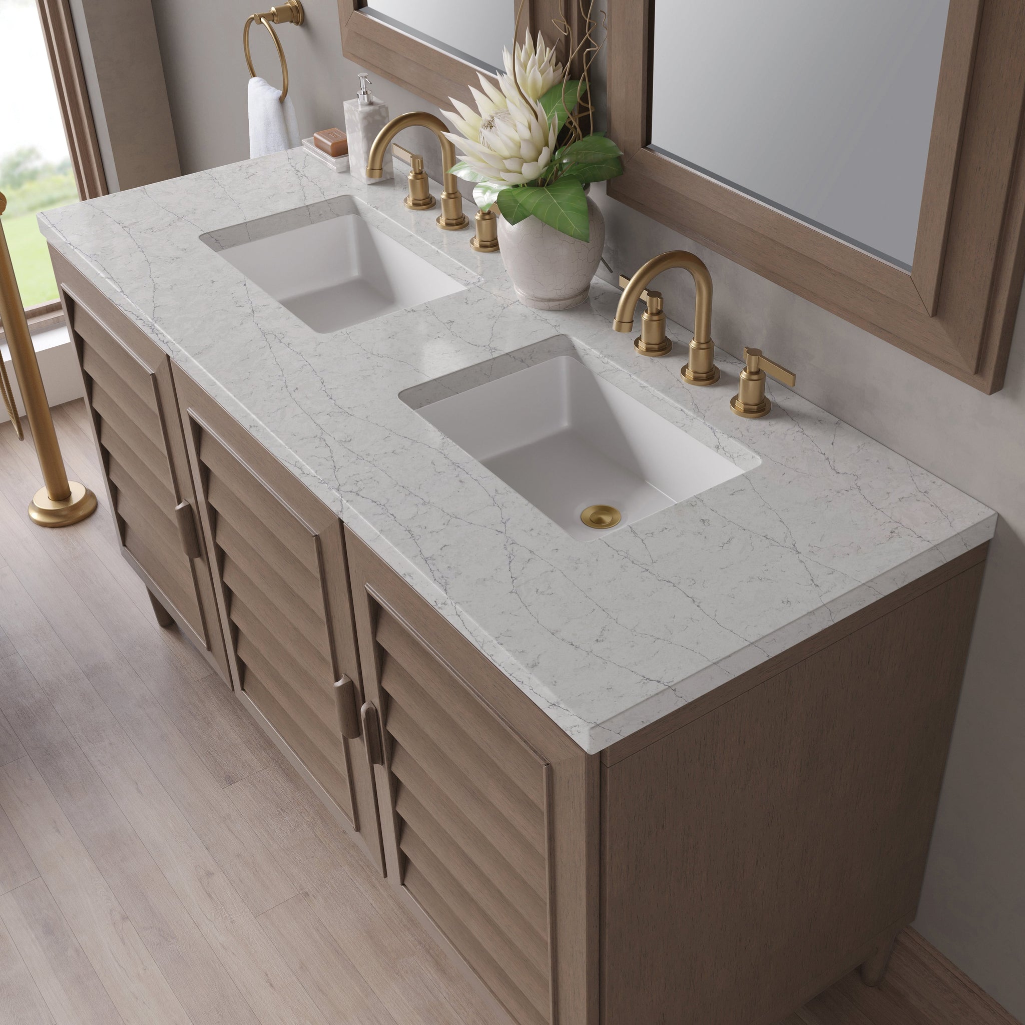 James Martin Portland 60" Double Bathroom Vanity, Whitewashed Walnut with Eternal Jasmine Pearl countertop