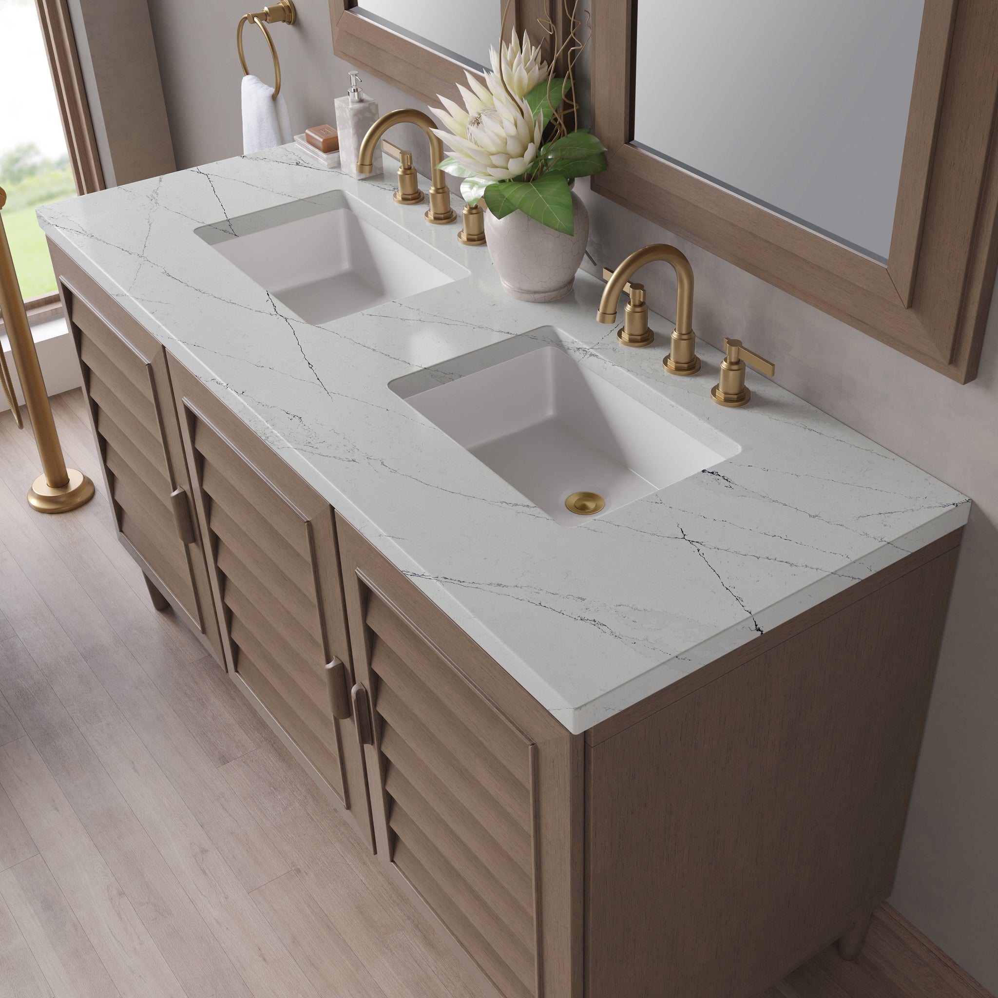 James Martin Portland 60" Double Bathroom Vanity, Whitewashed Walnut with Ethereal Noctis countertop
