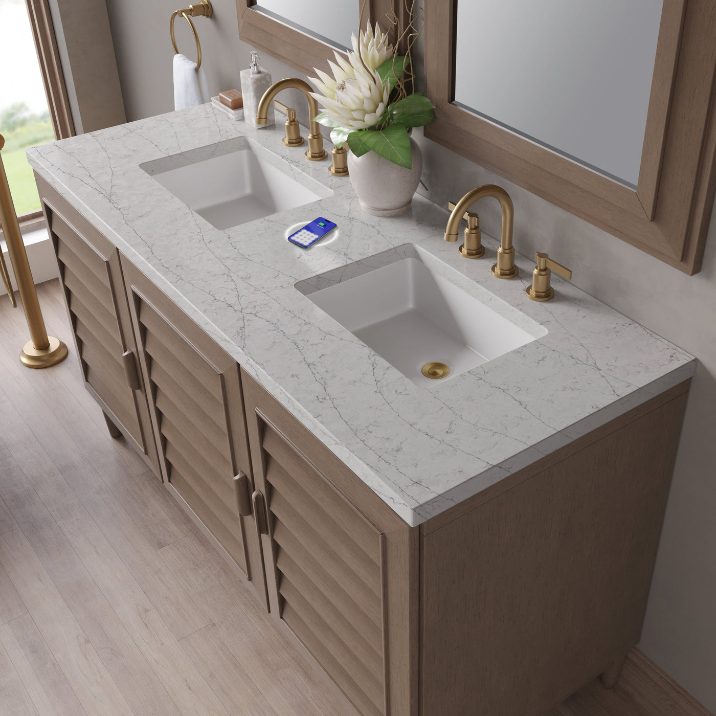 James Martin Portland 60" Double Bathroom Vanity, Whitewashed Walnut with Eternal Jasmine Pearl (FreePower) countertop