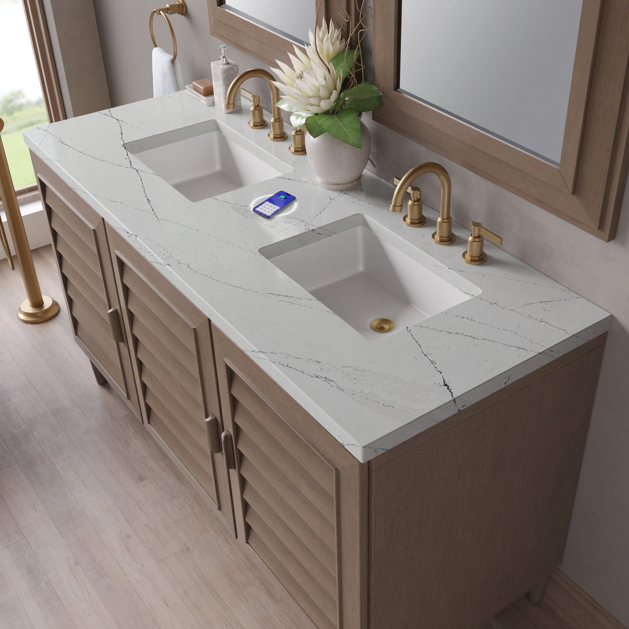 James Martin Portland 60" Double Bathroom Vanity, Whitewashed Walnut with Ethereal Noctis (FreePower) countertop
