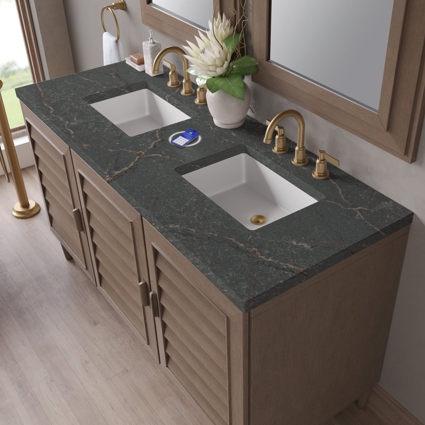James Martin Portland 60" Double Bathroom Vanity, Whitewashed Walnut with Parisien Bleu (FreePower) countertop