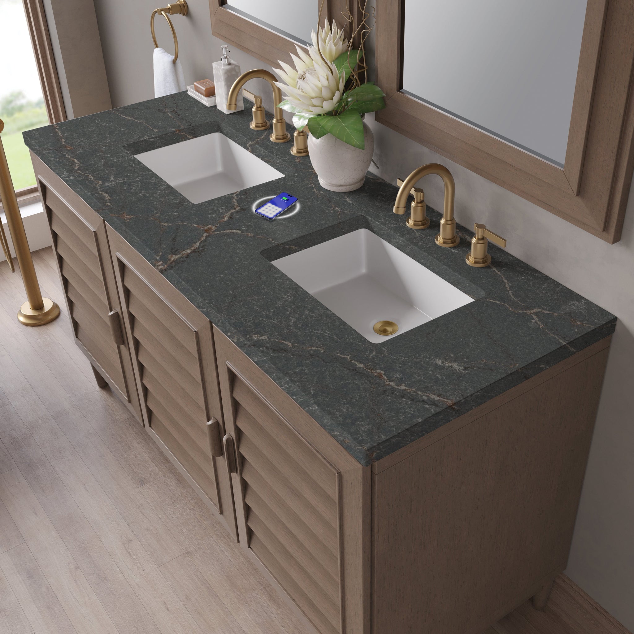 James Martin Portland 60" Double Bathroom Vanity, Whitewashed Walnut with Parisien Bleu (FreePower) countertop