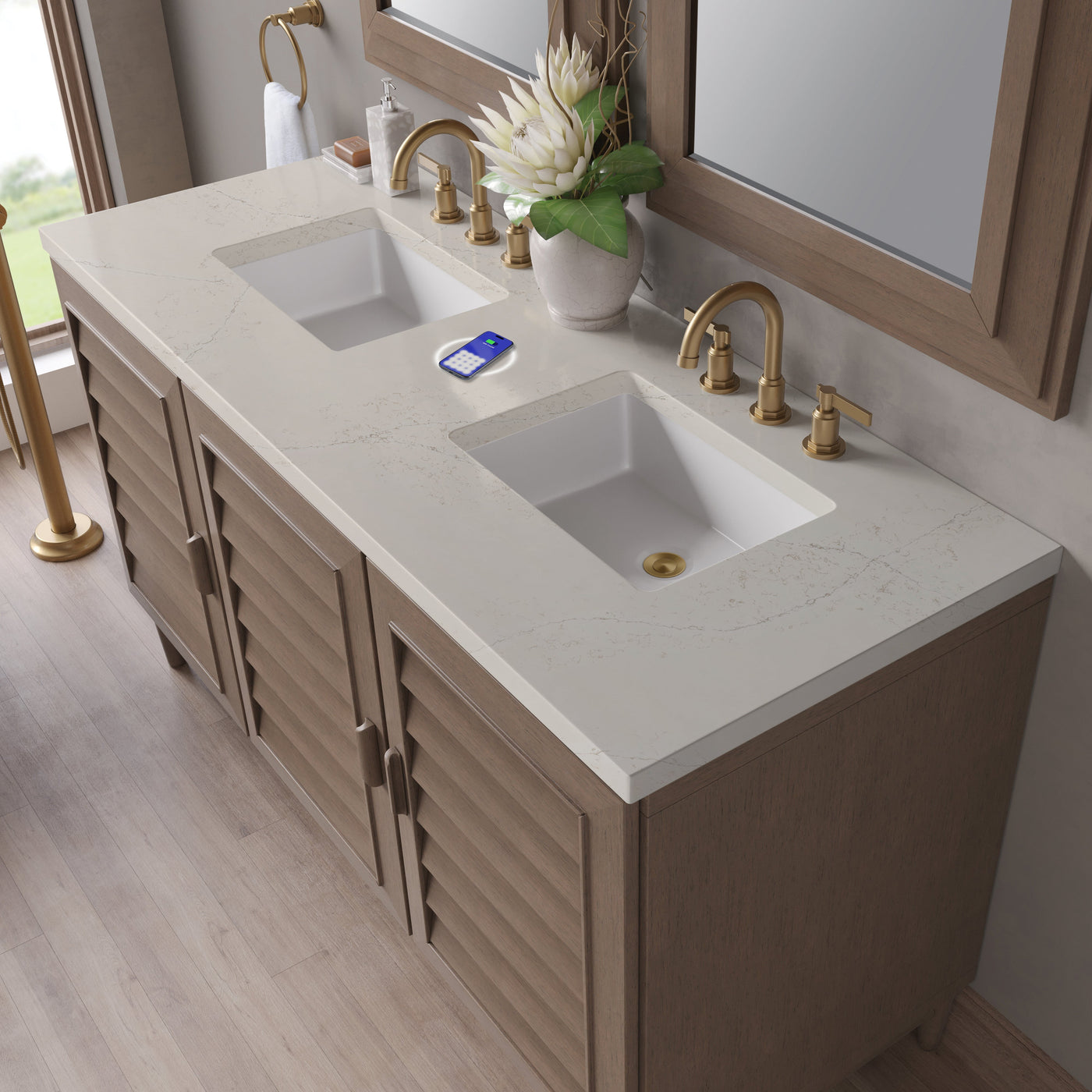 James Martin Portland 60" Double Bathroom Vanity, Whitewashed Walnut with Siberian (FreePower) countertop