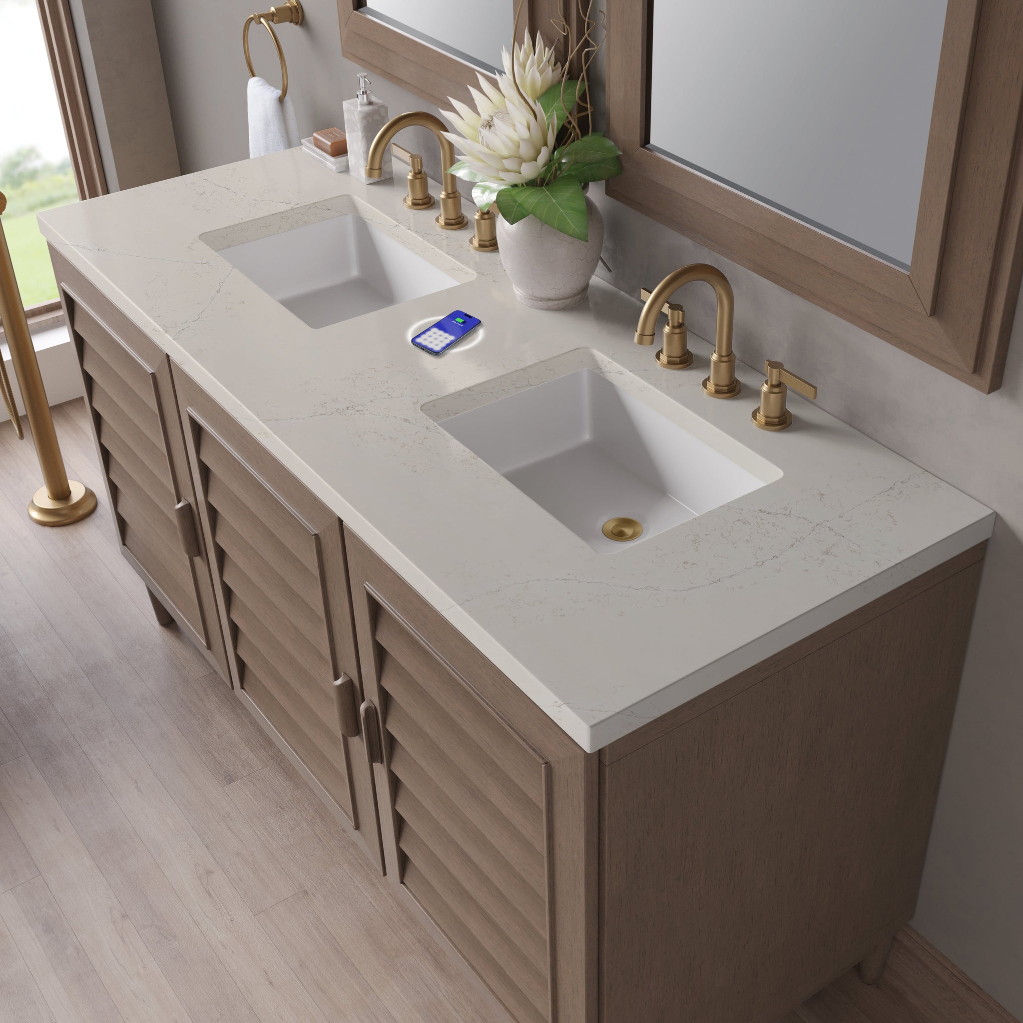 James Martin Portland 60" Double Bathroom Vanity, Whitewashed Walnut with Siberian (FreePower) countertop