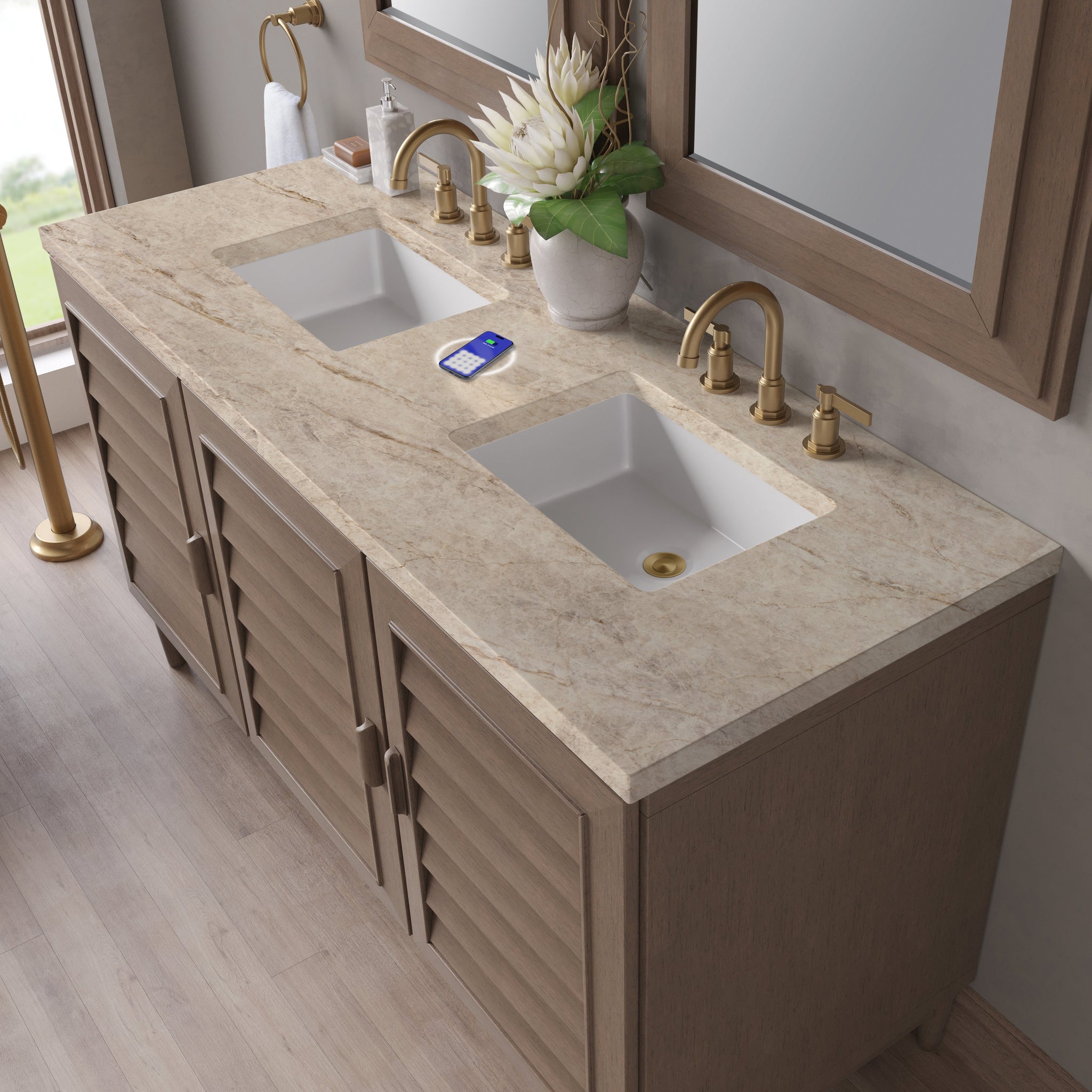 James Martin Portland 60" Double Bathroom Vanity, Whitewashed Walnut with Tajnar (FreePower) countertop