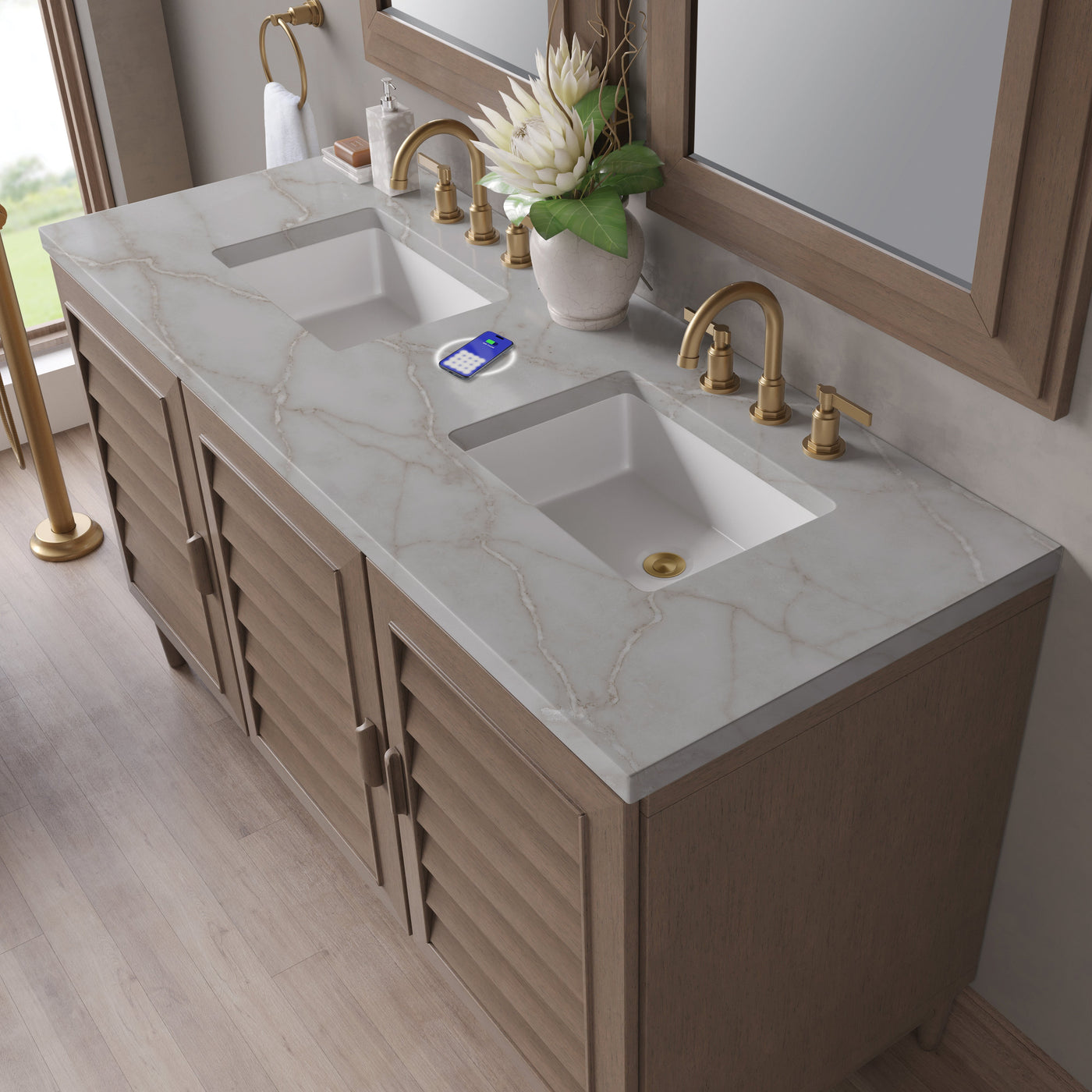 James Martin Portland 60" Double Bathroom Vanity, Whitewashed Walnut with Victorian Silver (FreePower) countertop