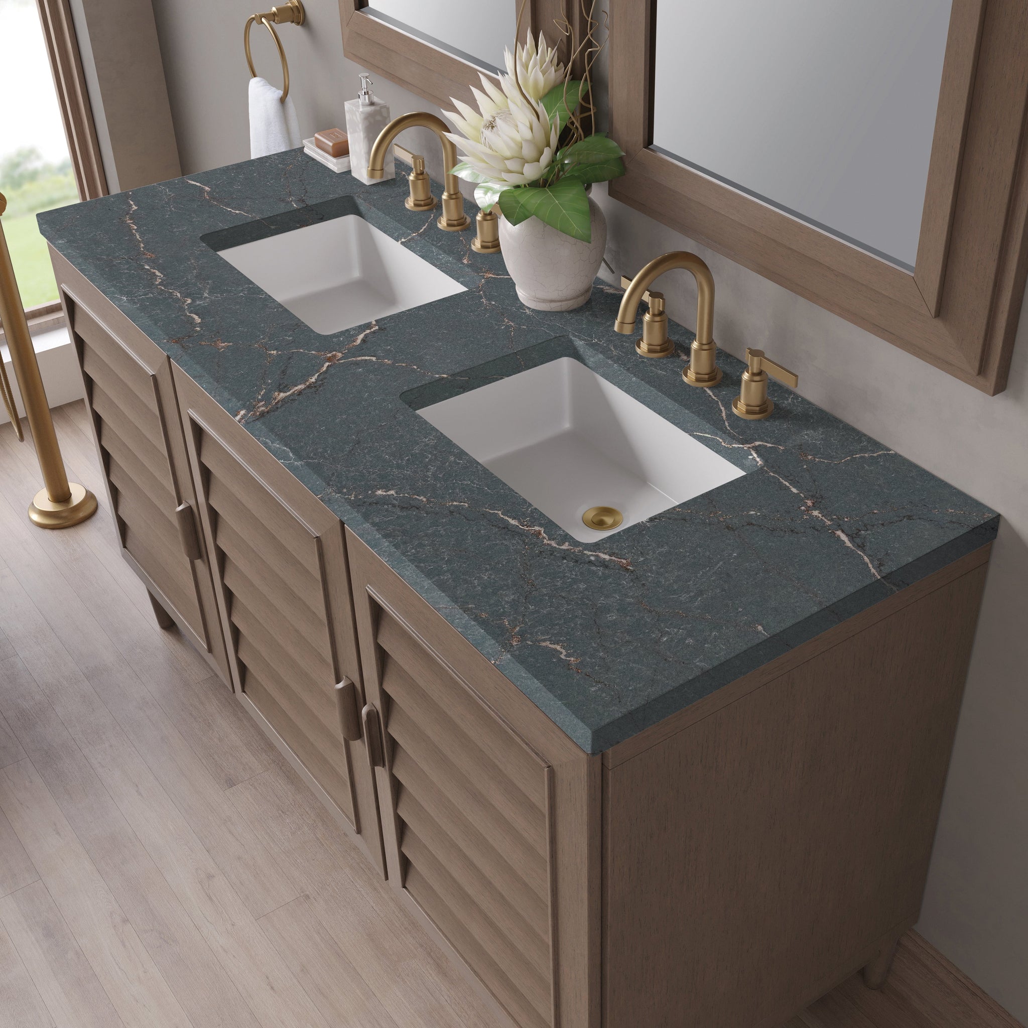 James Martin Portland 60" Double Bathroom Vanity, Whitewashed Walnut with Parisien Bleu countertop