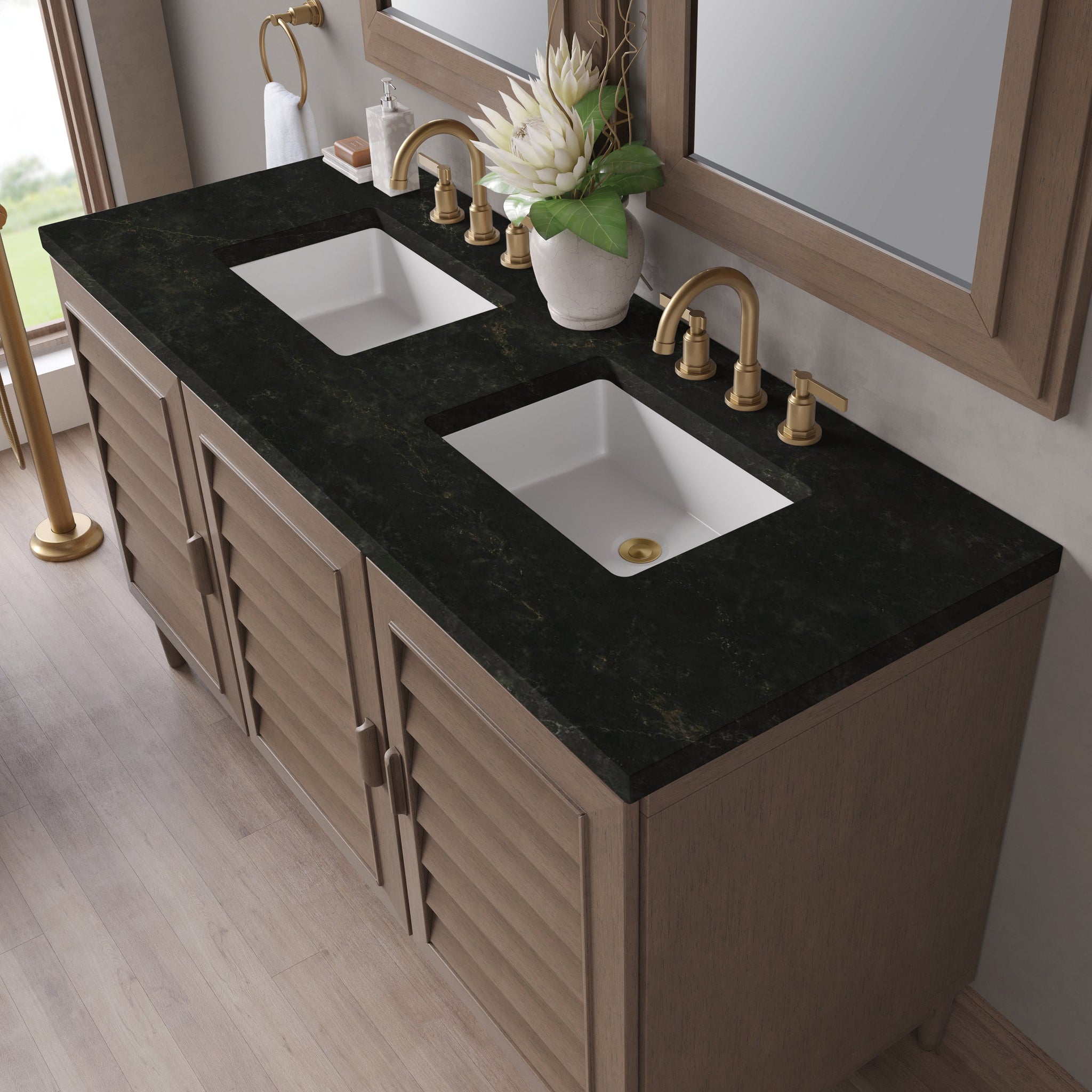 James Martin Portland 60" Double Bathroom Vanity, Whitewashed Walnut with Phantome countertop