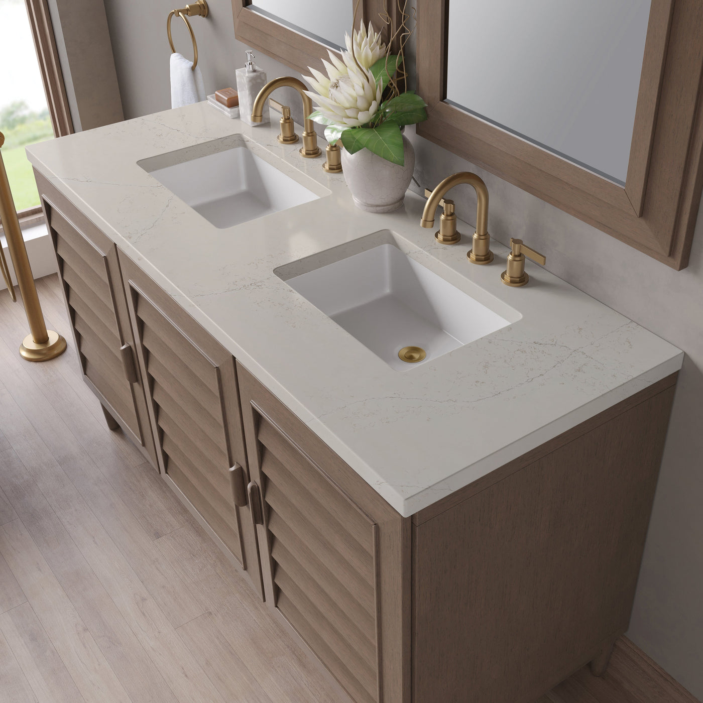 James Martin Portland 60" Double Bathroom Vanity, Whitewashed Walnut with Siberian countertop
