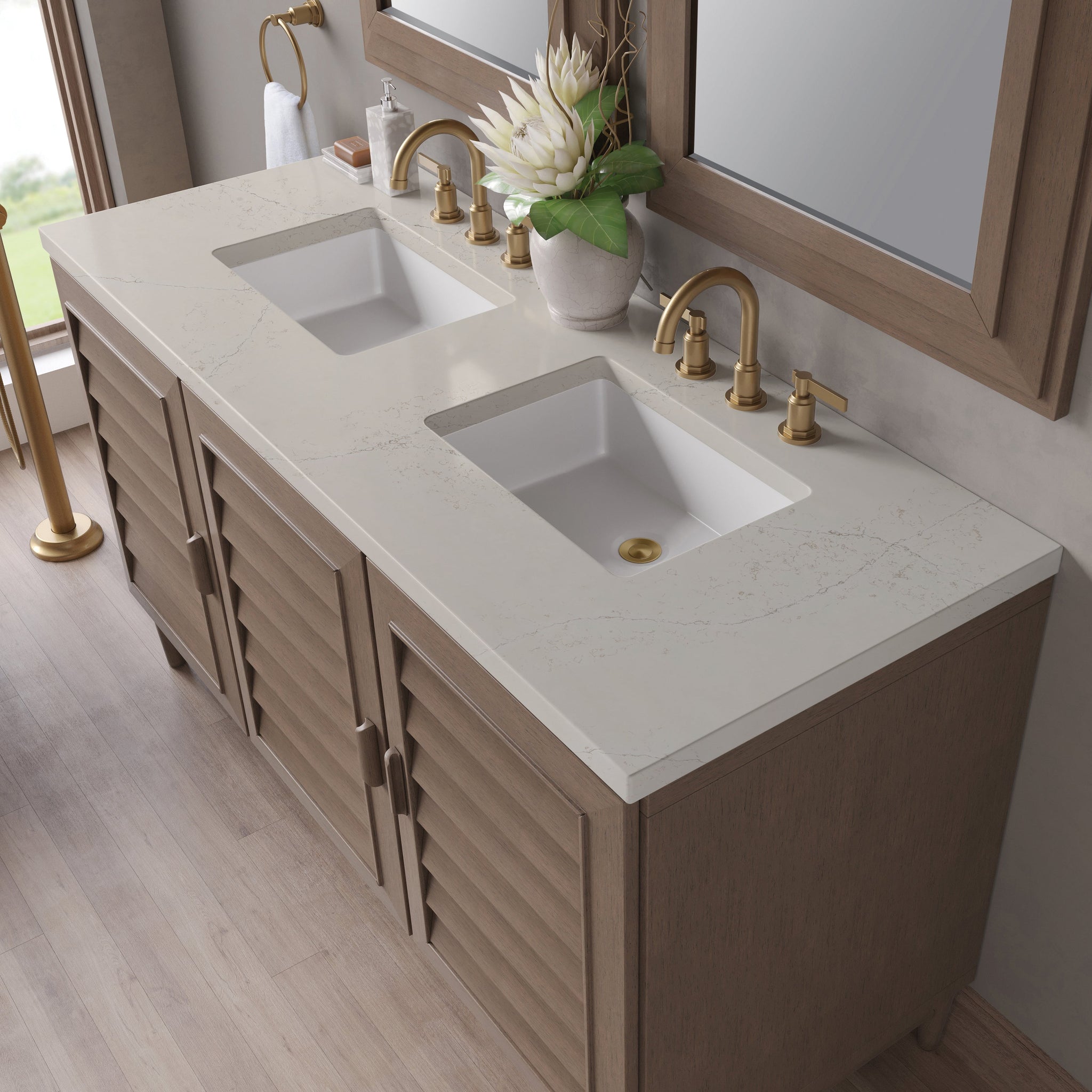 James Martin Portland 60" Double Bathroom Vanity, Whitewashed Walnut with Siberian countertop