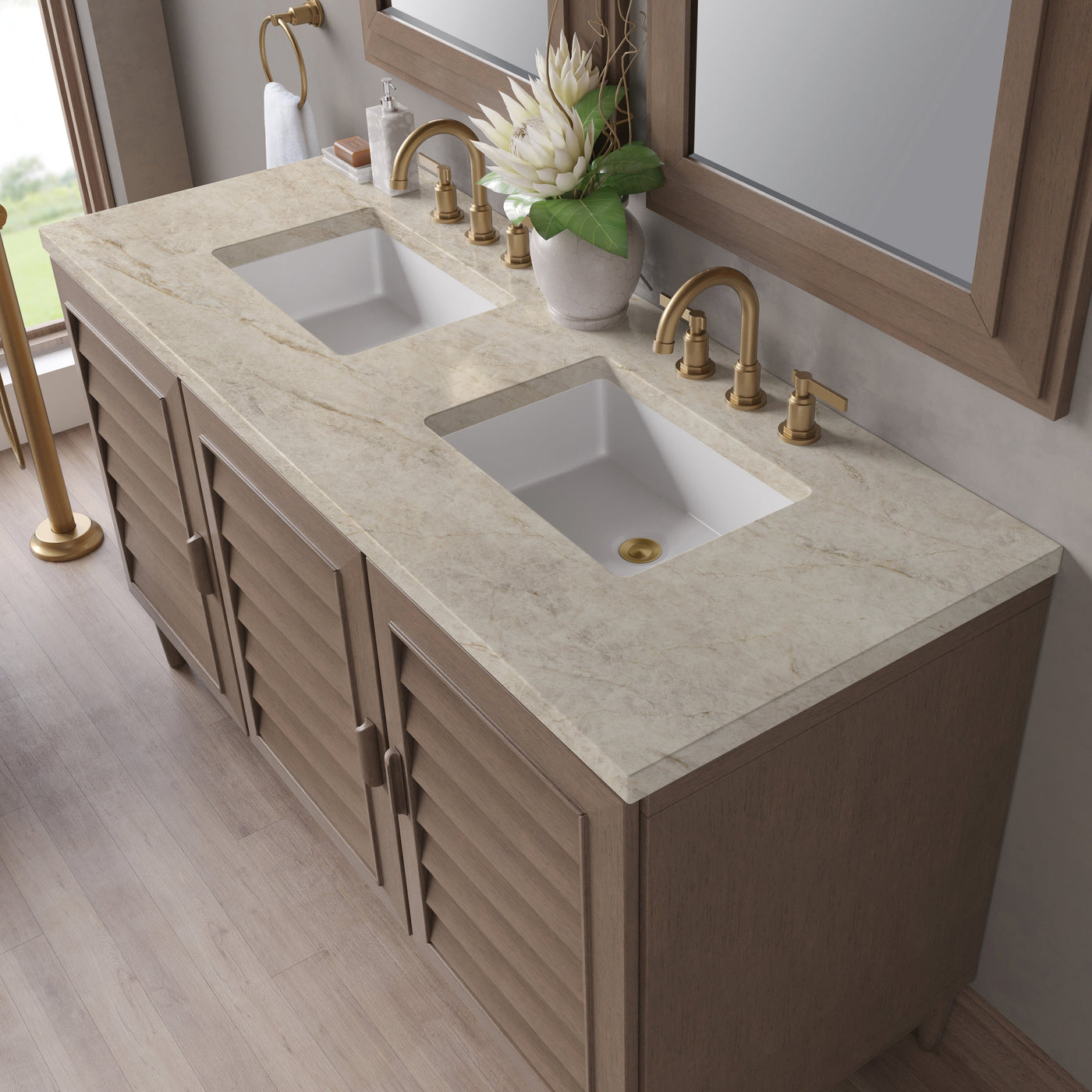 James Martin Portland 60" Double Bathroom Vanity, Whitewashed Walnut with Tajnar countertop