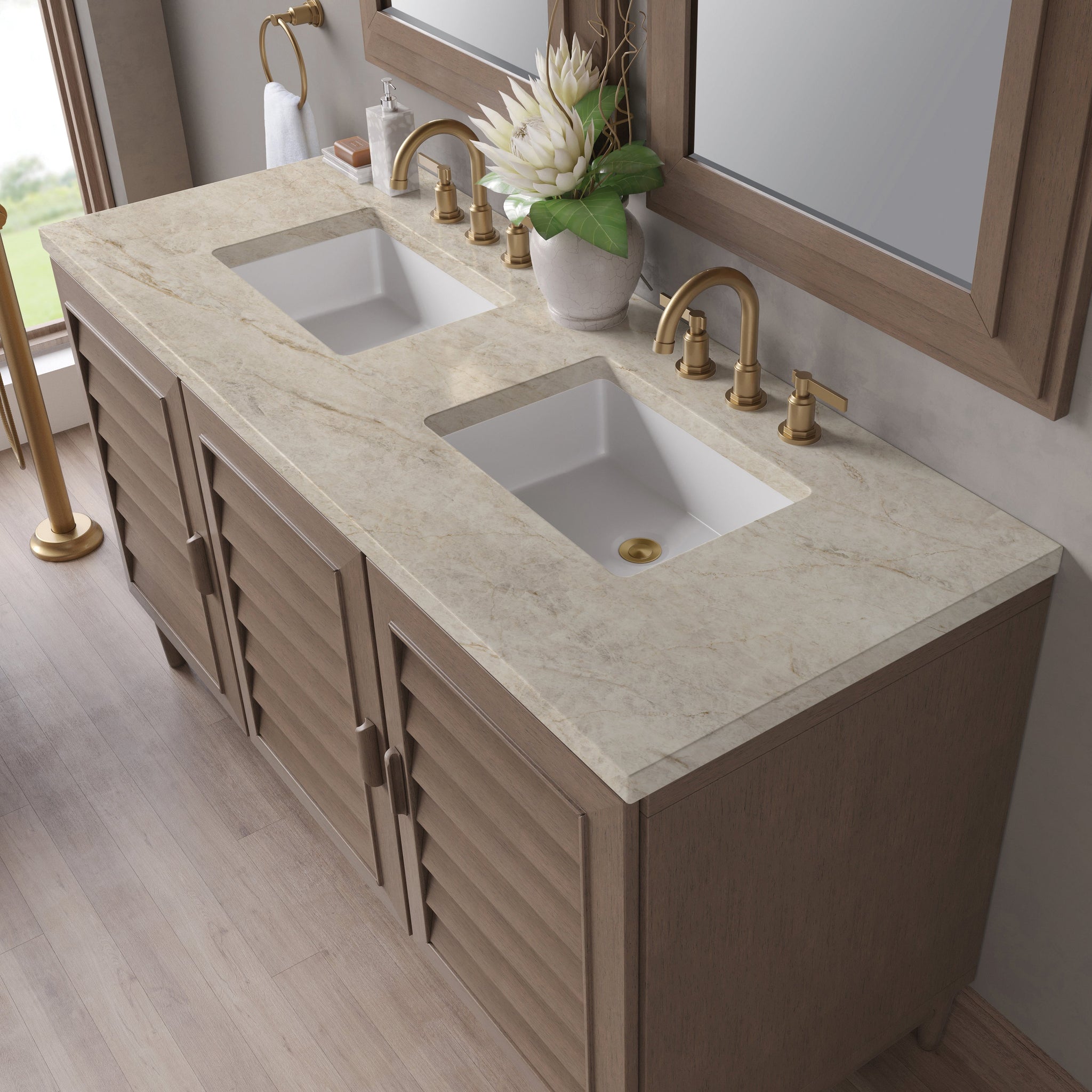 James Martin Portland 60" Double Bathroom Vanity, Whitewashed Walnut with Tajnar countertop