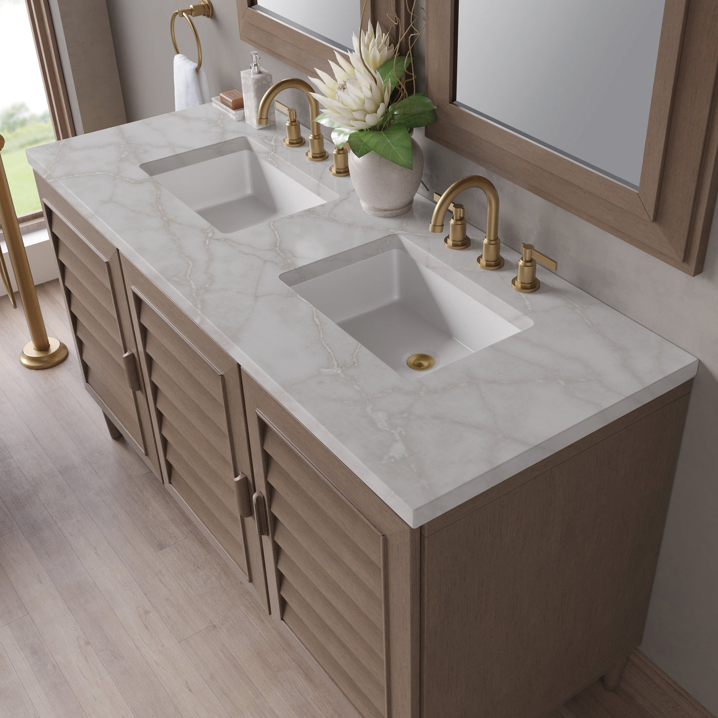 James Martin Portland 60" Double Bathroom Vanity, Whitewashed Walnut with Victorian Silver countertop