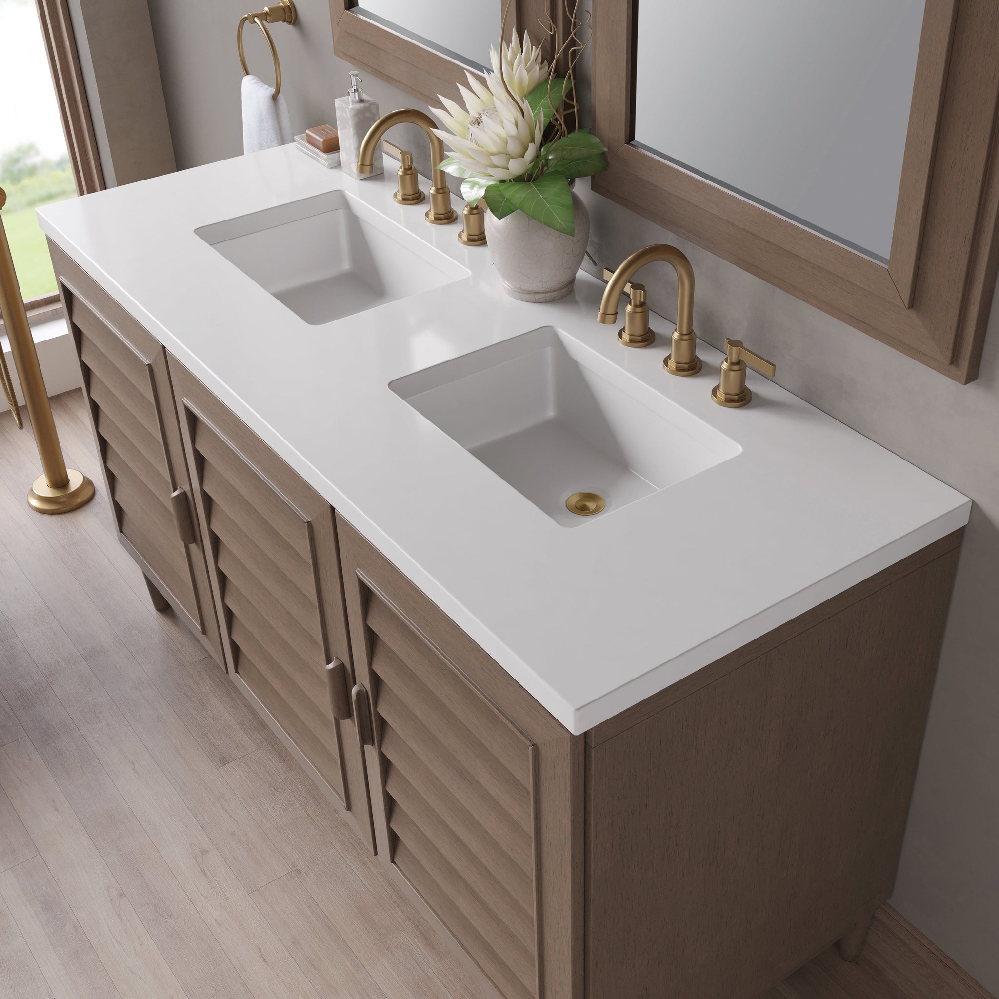 James Martin Portland 60" Double Bathroom Vanity, Whitewashed Walnut with White Zeus countertop