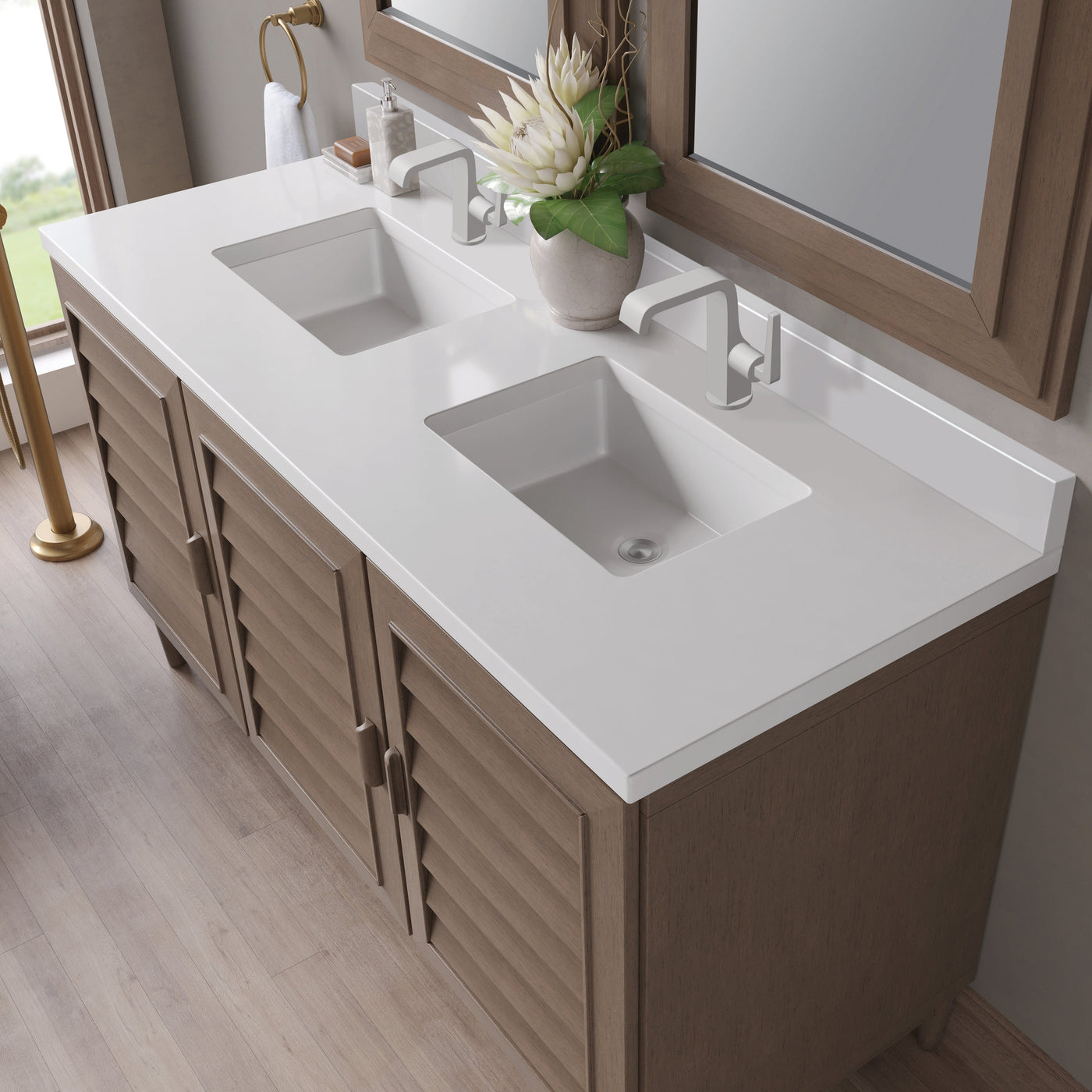 James Martin Portland 60" Double Bathroom Vanity, Whitewashed Walnut with White Zeus (Single Hole, with Backsplash) countertop