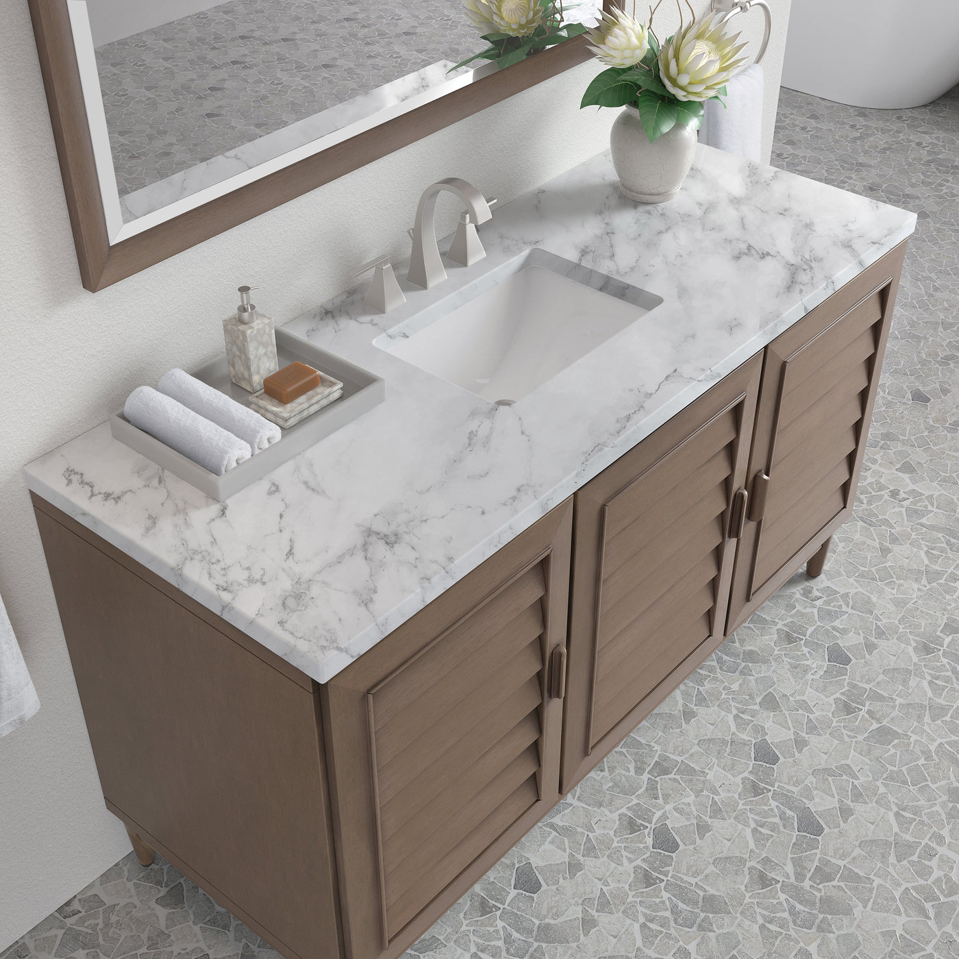 James Martin Portland 60" Single Bathroom Vanity, Whitewashed Walnut with Carrara White countertop
