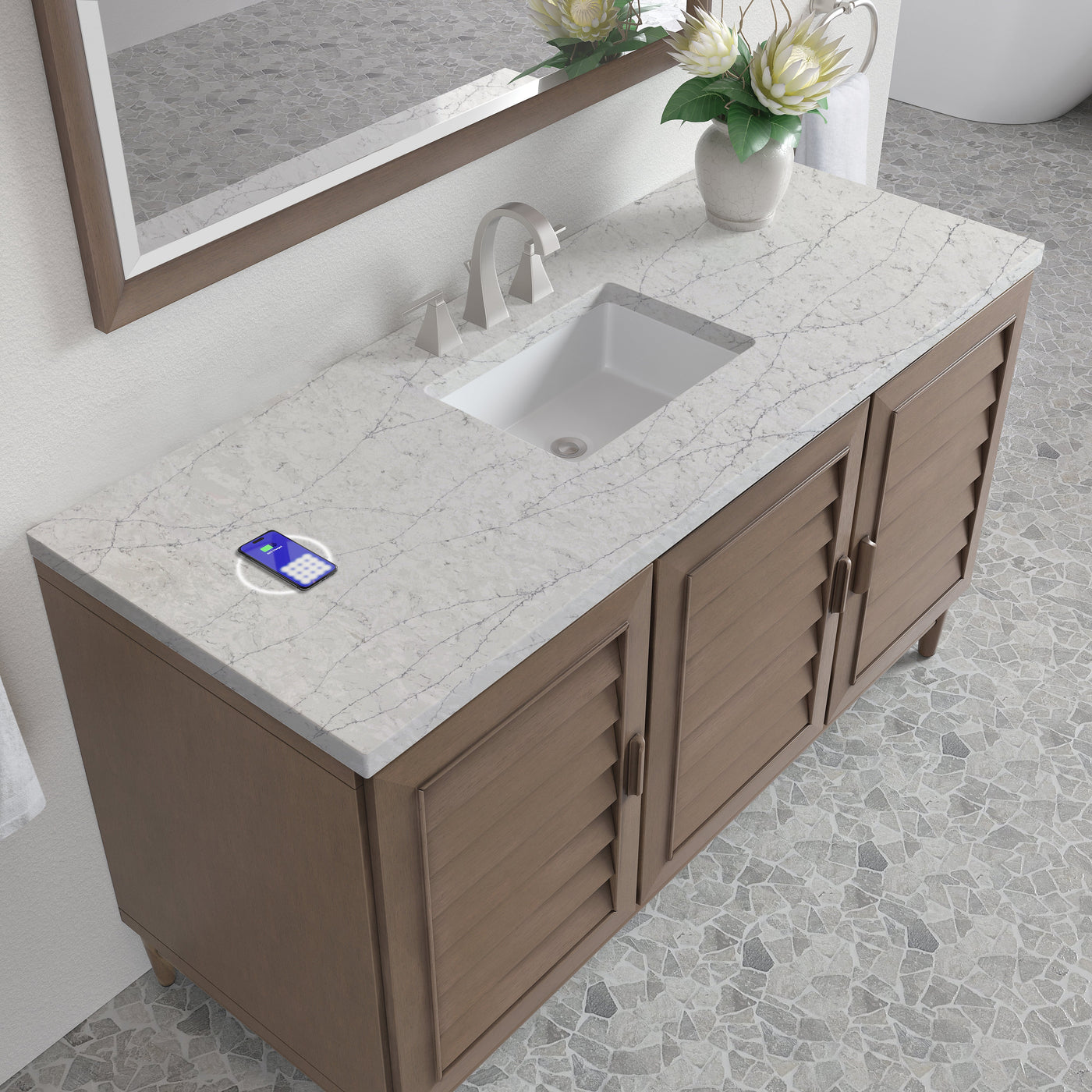 James Martin Portland 60" Single Bathroom Vanity, Whitewashed Walnut with Eternal Jasmine Pearl (FreePower) countertop