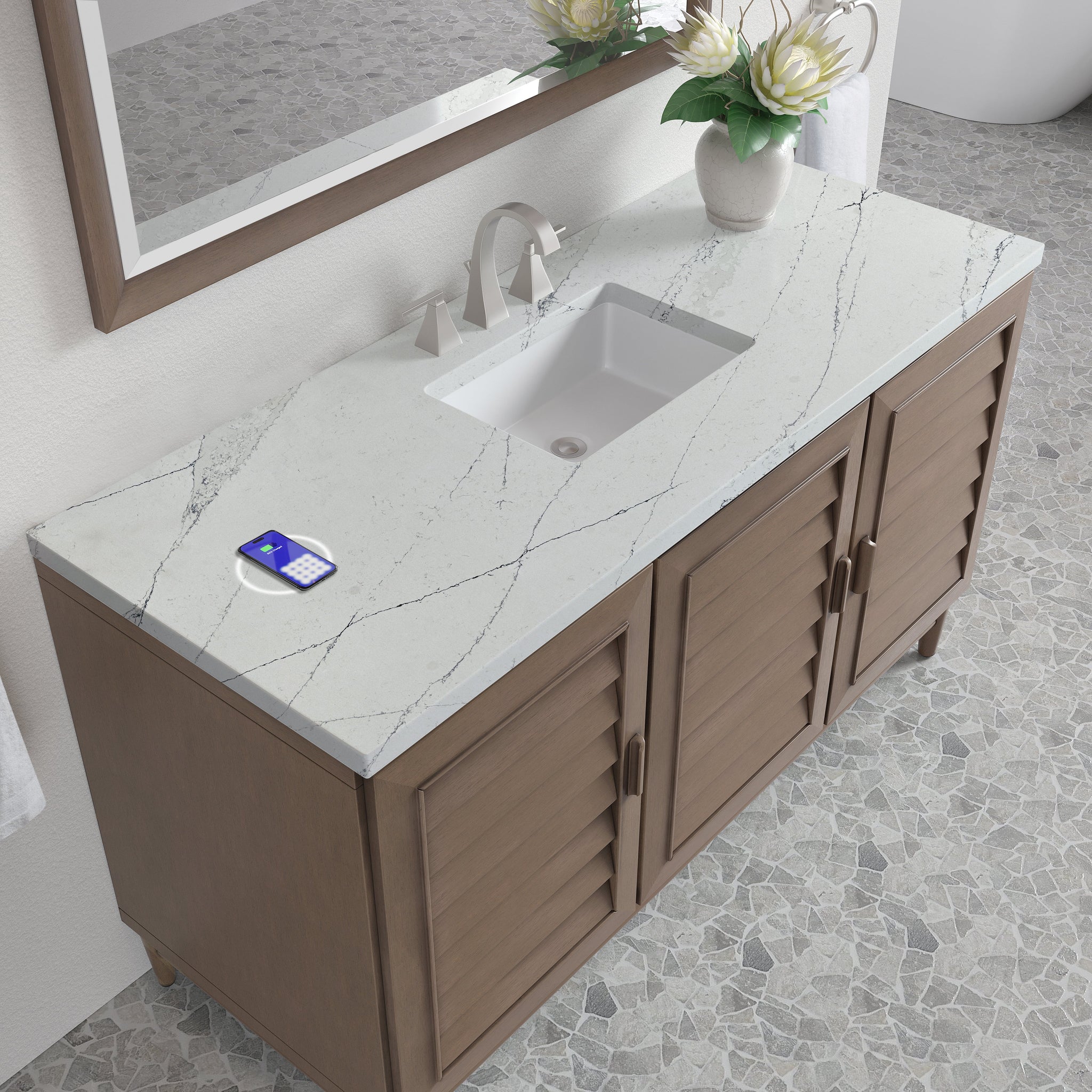 James Martin Portland 60" Single Bathroom Vanity, Whitewashed Walnut with Ethereal Noctis (FreePower) countertop