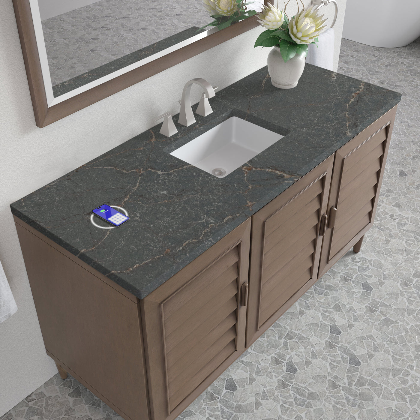 James Martin Portland 60" Single Bathroom Vanity, Whitewashed Walnut with Parisien Bleu (FreePower) countertop