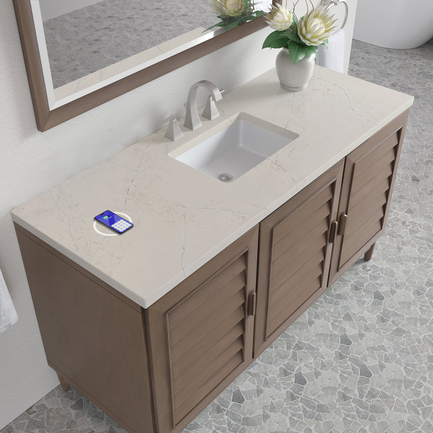 James Martin Portland 60" Single Bathroom Vanity, Whitewashed Walnut with Siberian (FreePower) countertop