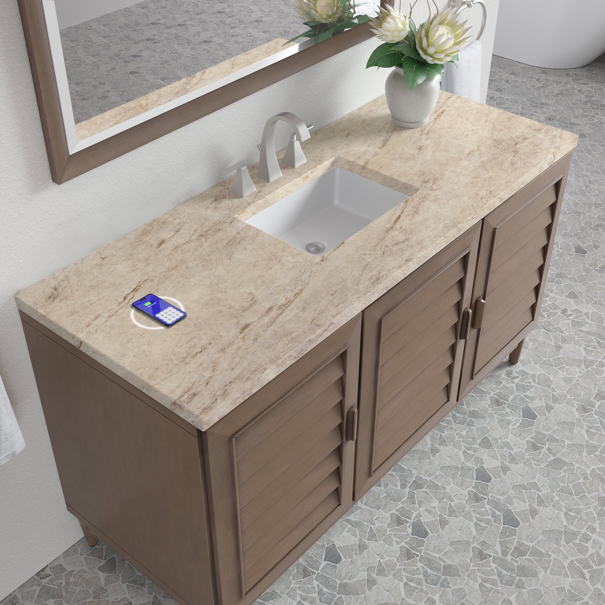 James Martin Portland 60" Single Bathroom Vanity, Whitewashed Walnut with Tajnar (FreePower) countertop
