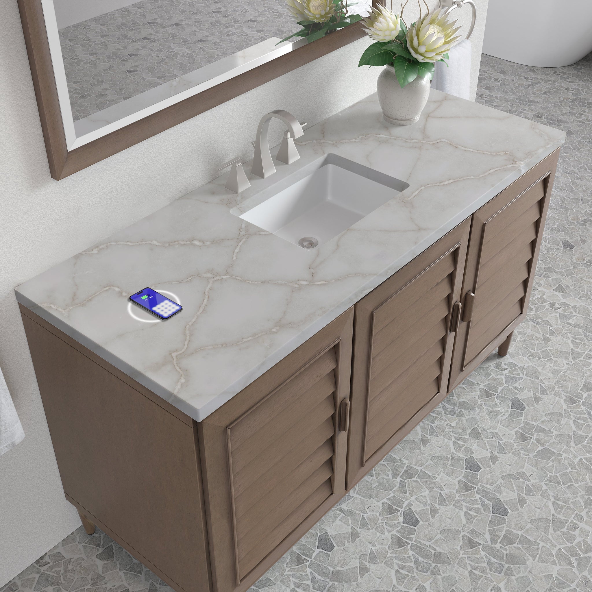 James Martin Portland 60" Single Bathroom Vanity, Whitewashed Walnut with Victorian Silver (FreePower) countertop