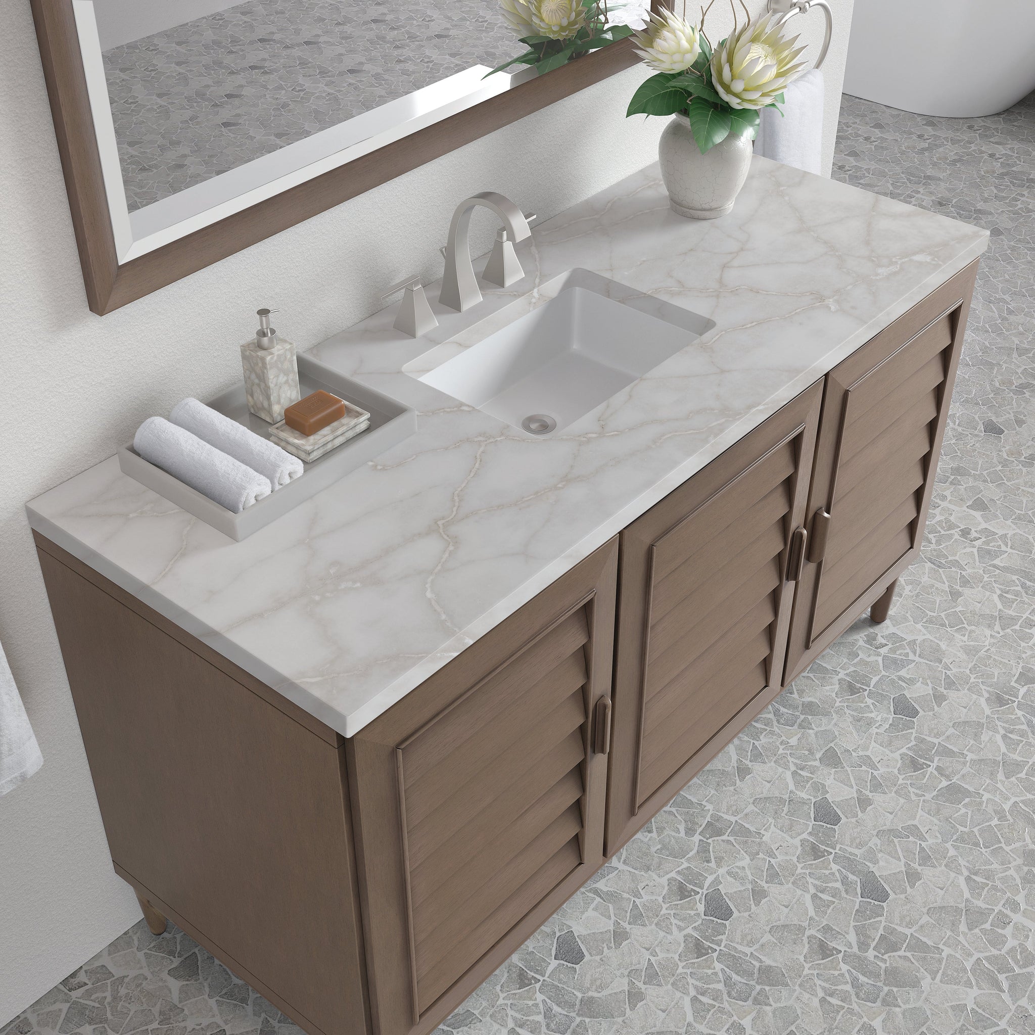 James Martin Portland 60" Single Bathroom Vanity, Whitewashed Walnut with Victorian Silver countertop