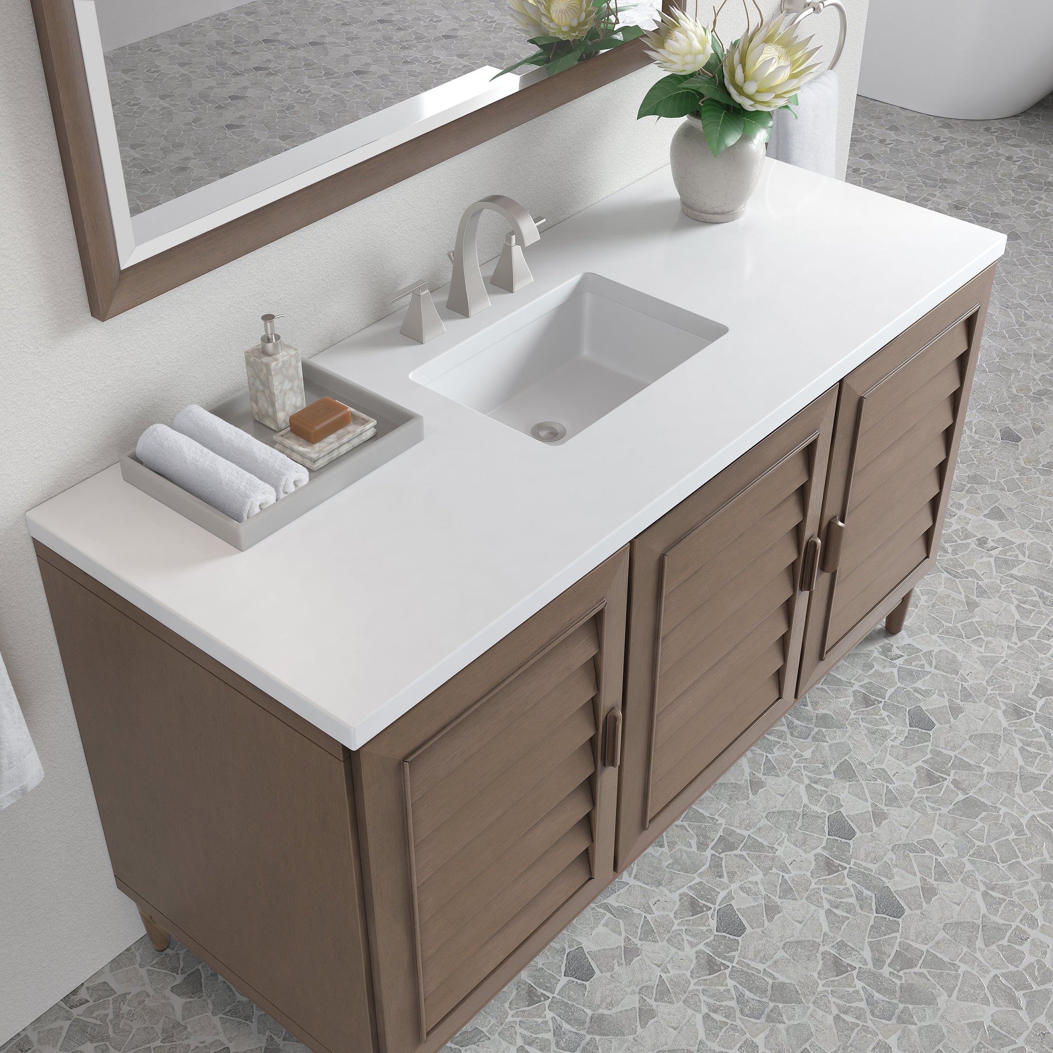 James Martin Portland 60" Single Bathroom Vanity, Whitewashed Walnut with White Zeus countertop