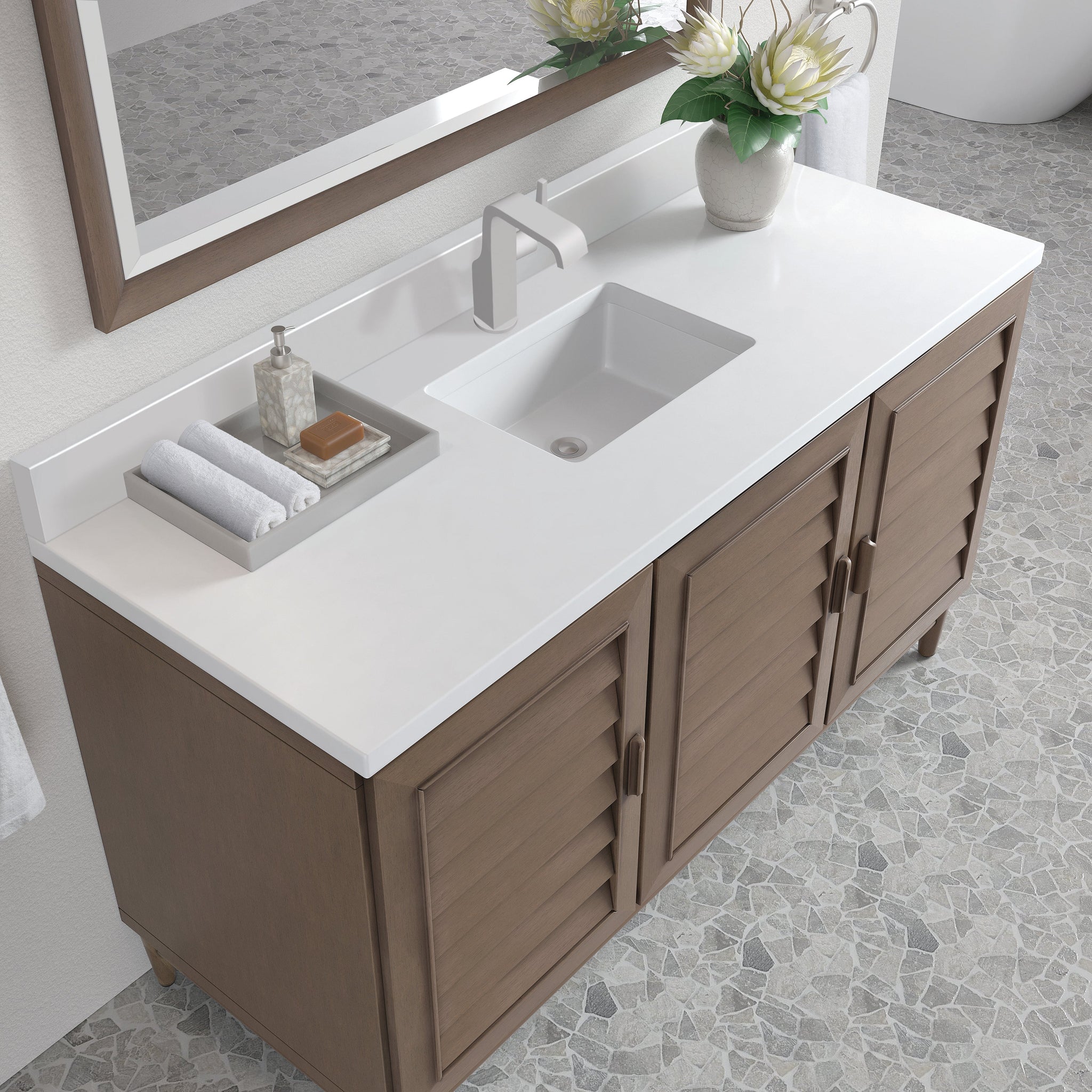 James Martin Portland 60" Single Bathroom Vanity, Whitewashed Walnut with White Zeus (Single Hole, with Backsplash) countertop