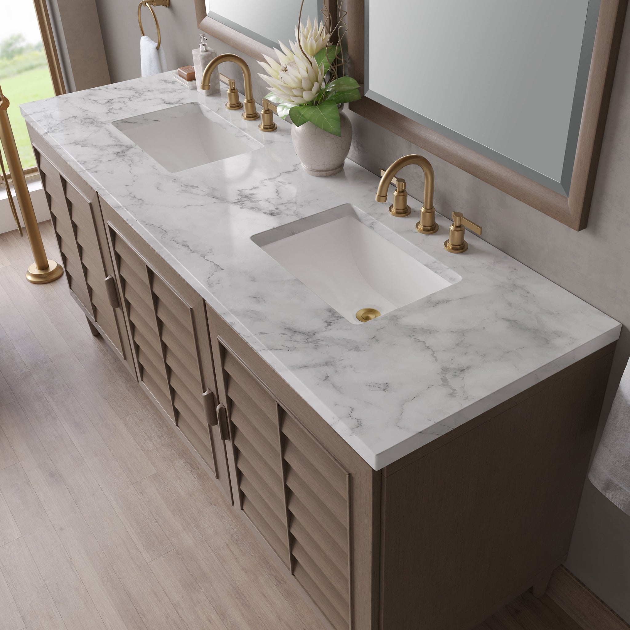 James Martin Portland 72" Double Bathroom Vanity, Whitewashed Walnut with Carrara White countertop