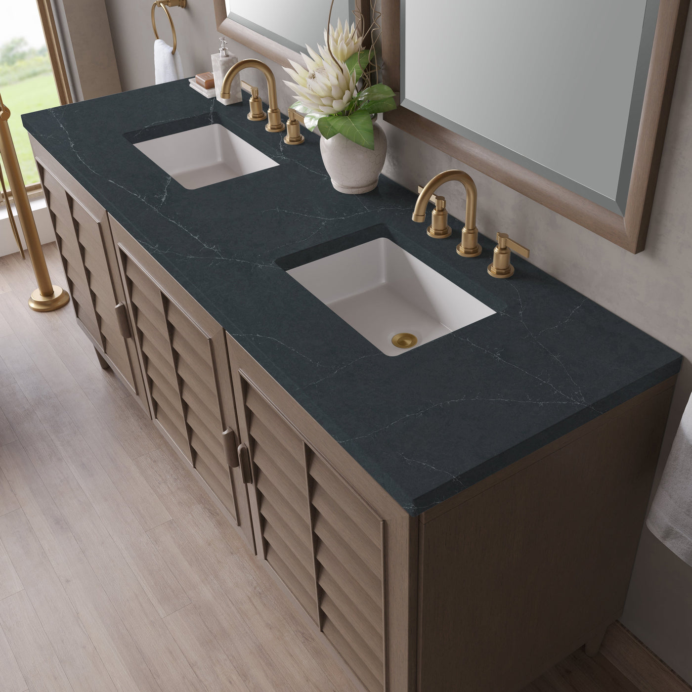James Martin Portland 72" Double Bathroom Vanity, Whitewashed Walnut with Charcoal Soapstone countertop