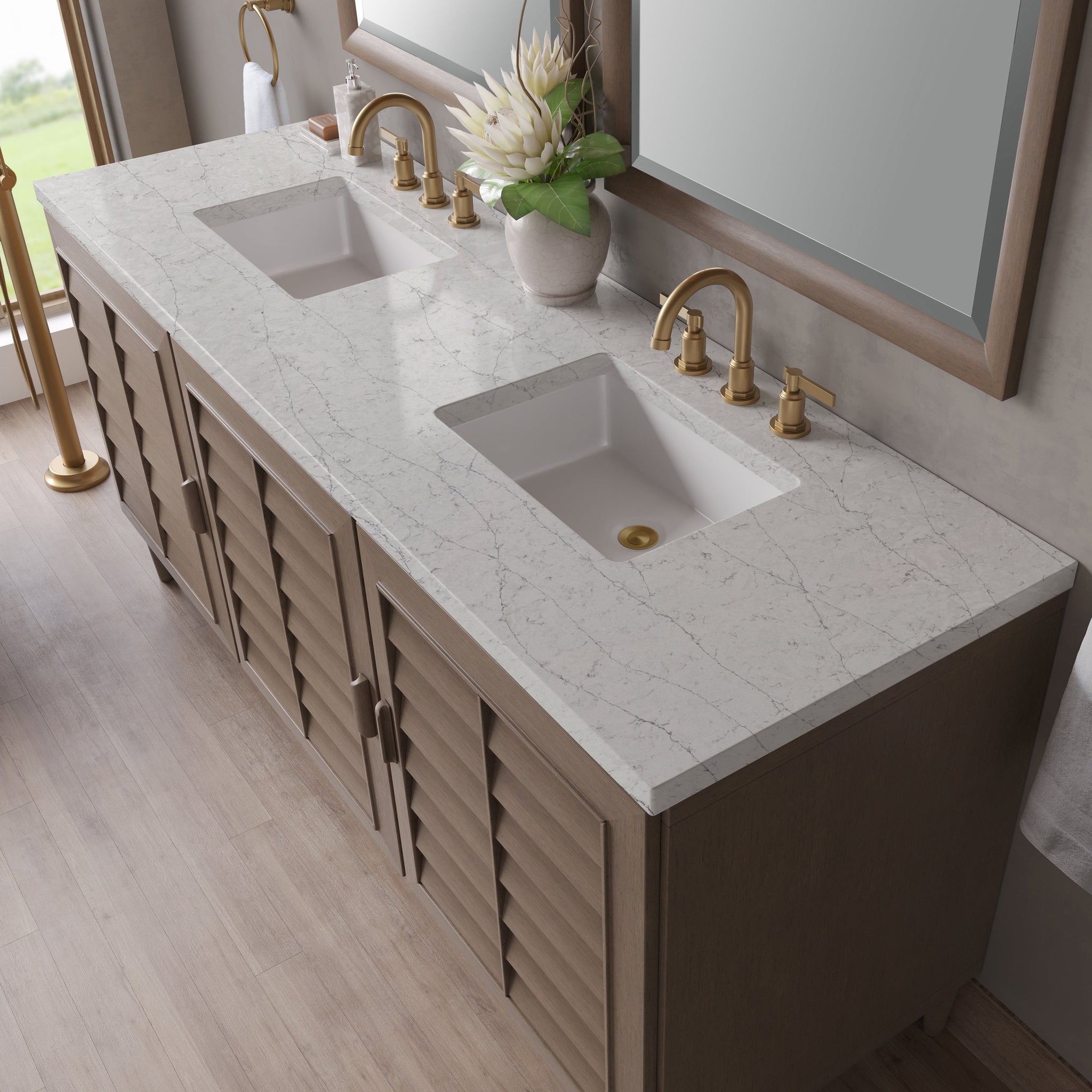 James Martin Portland 72" Double Bathroom Vanity, Whitewashed Walnut with Eternal Jasmine Pearl countertop