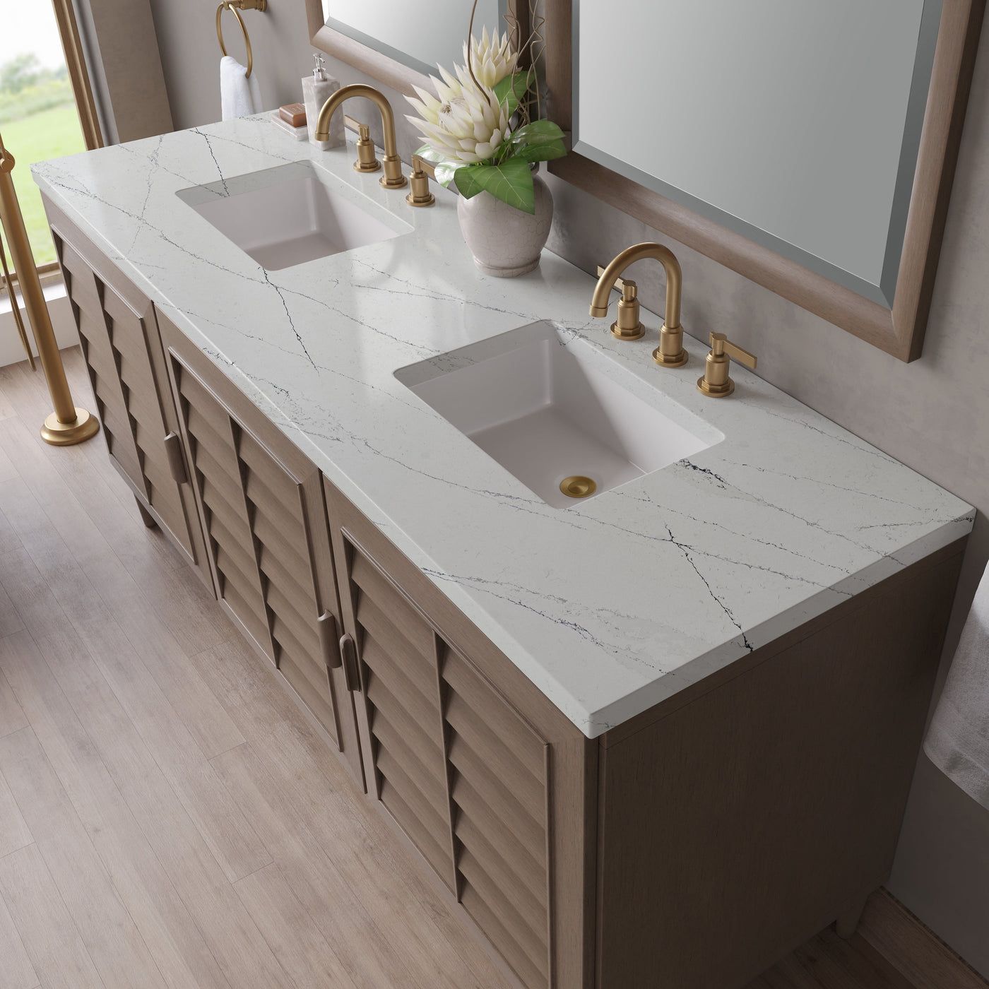 James Martin Portland 72" Double Bathroom Vanity, Whitewashed Walnut with Ethereal Noctis countertop